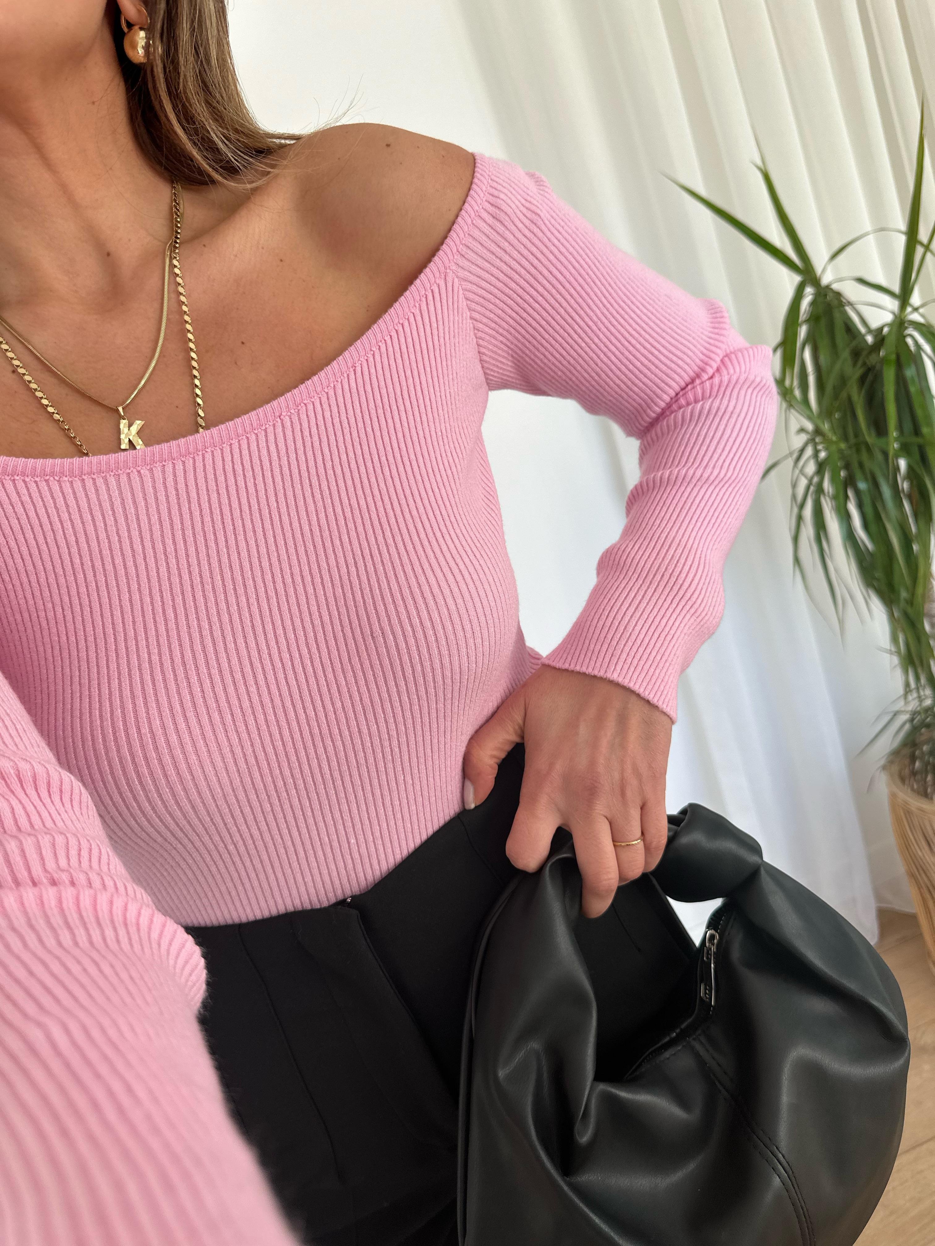 DİLVİN BARDOT YAKA FİTİLLİ PEMBE  KAZAK