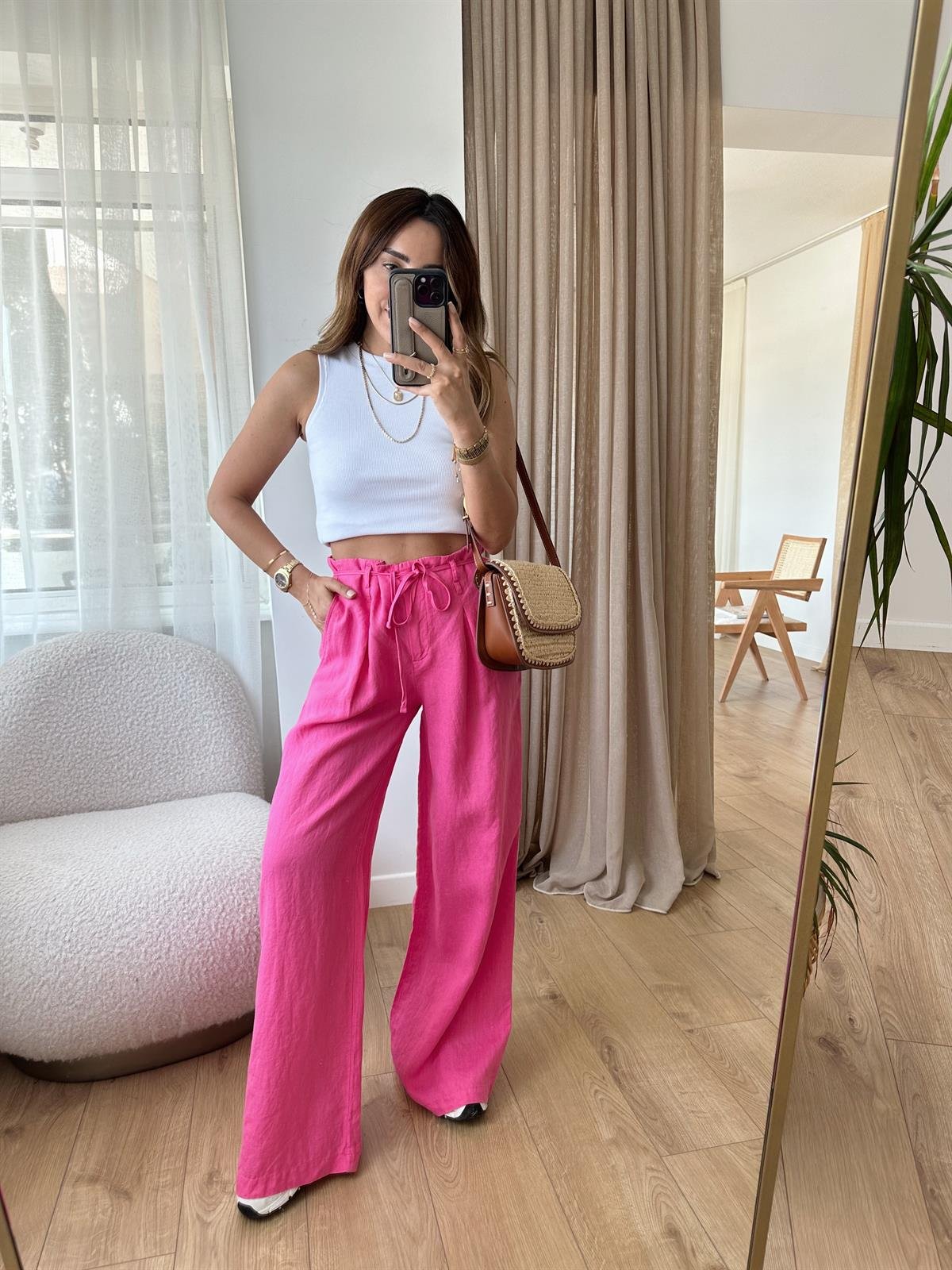 DİLVİN PEMBE %100 HAM KETEN PALAZZO PANTOLON