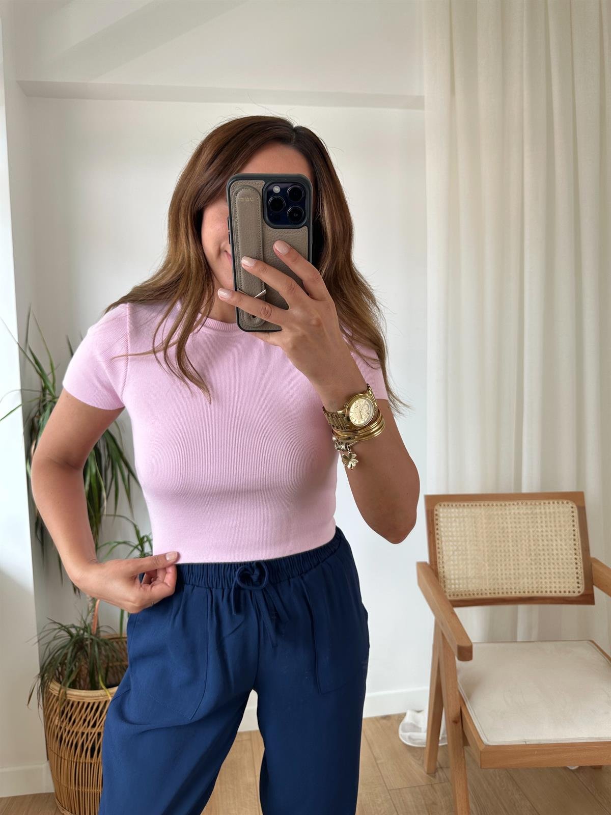 DİLVİN PEMBE KISA KOLLU TRİKO BLUZ