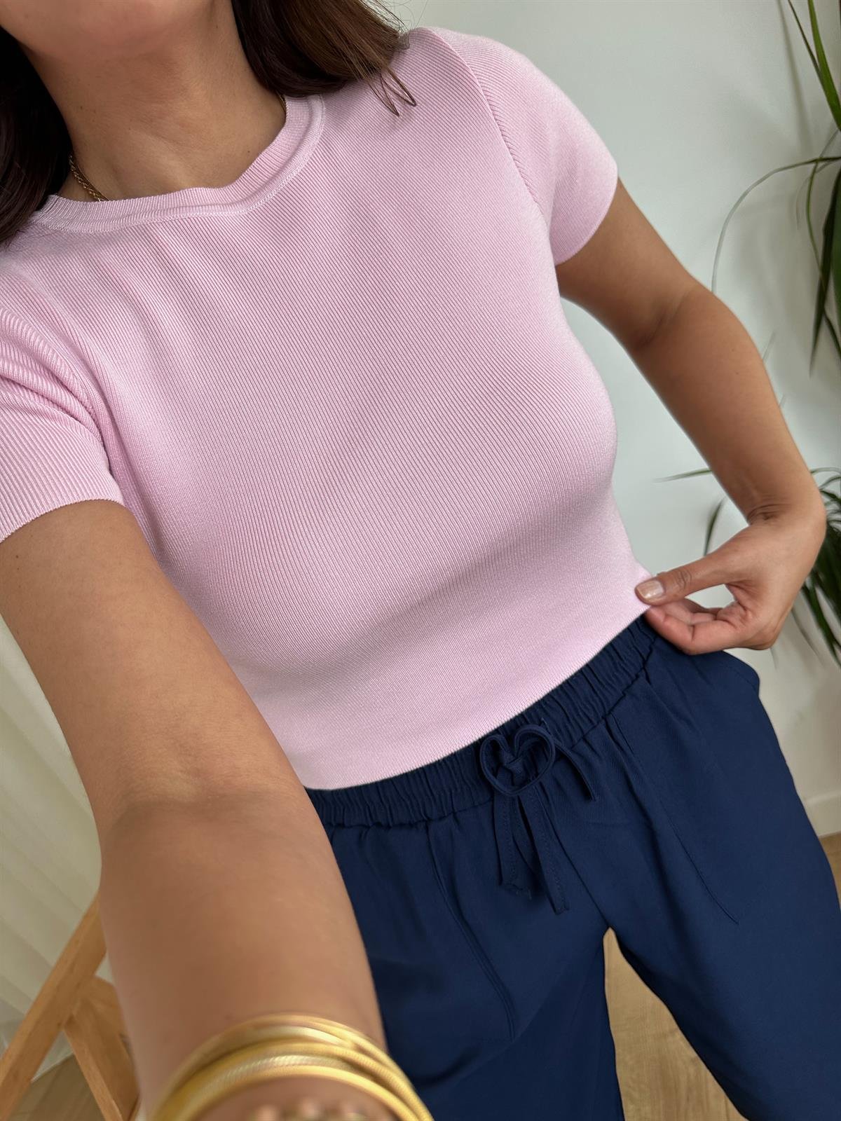 DİLVİN PEMBE KISA KOLLU TRİKO BLUZ