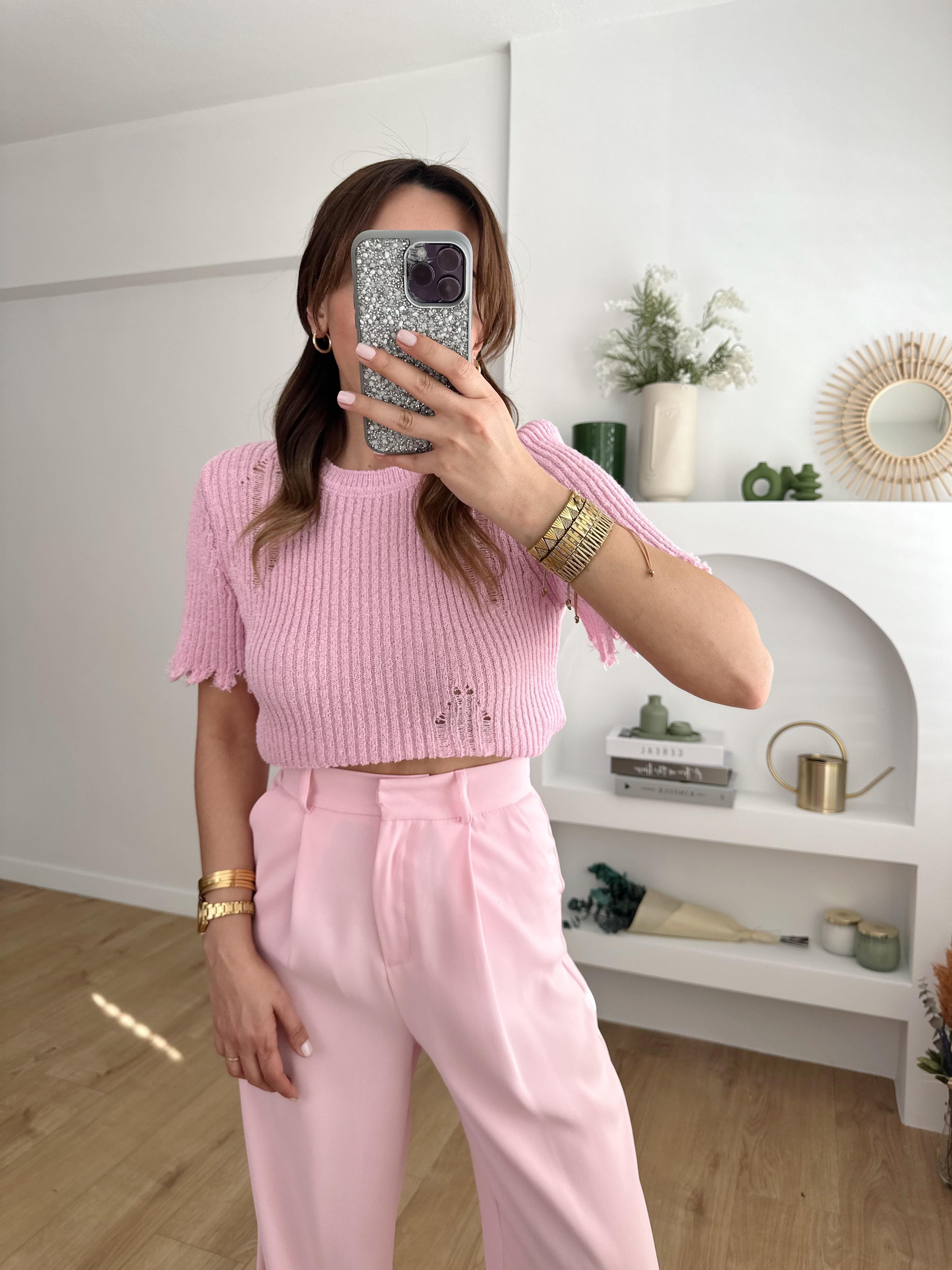 DİLVİN PEMBE YIRTIK DETAYLI TRİKO