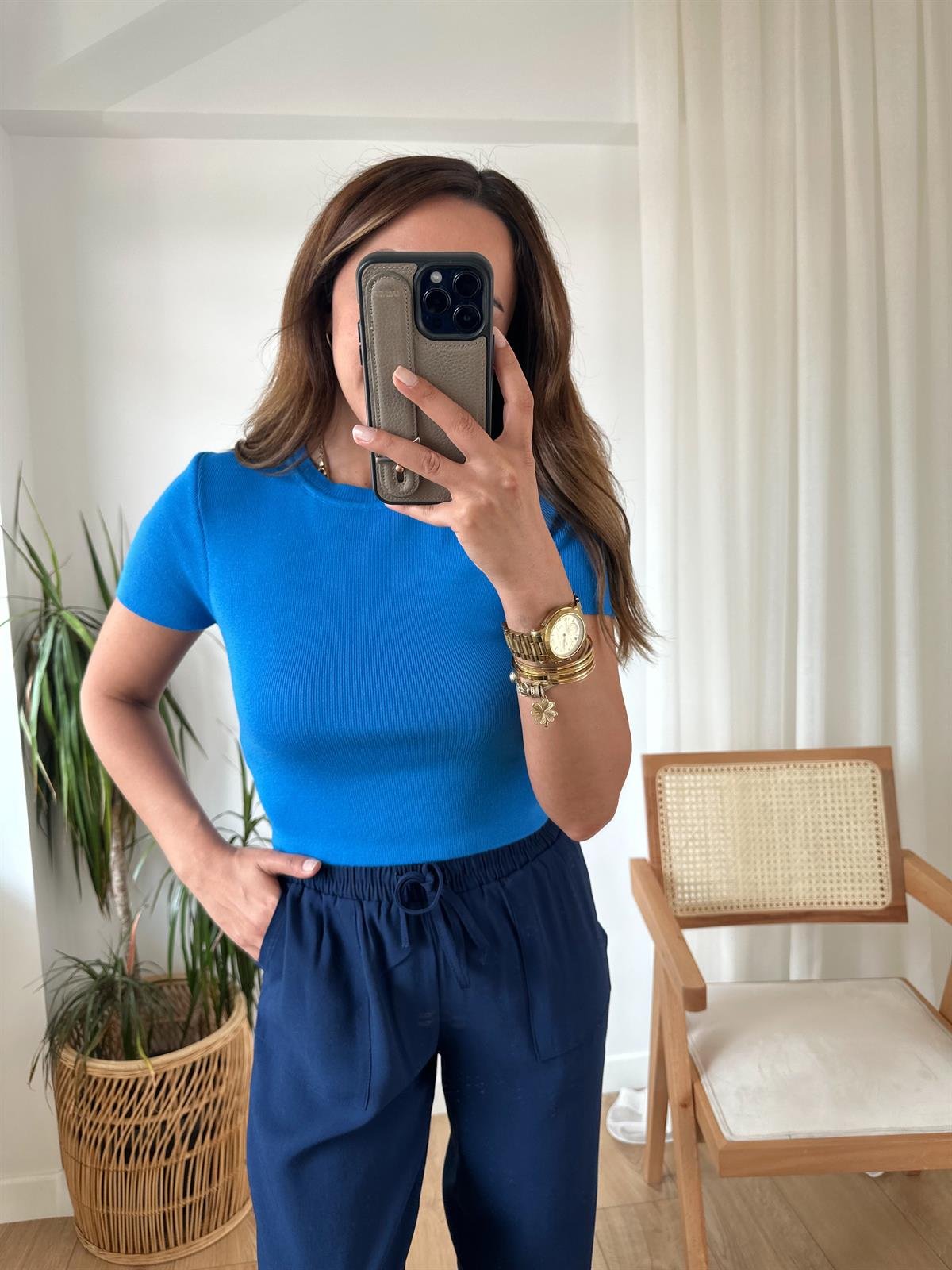 DİLVİN SAKS KISA KOLLU TRİKO BLUZ