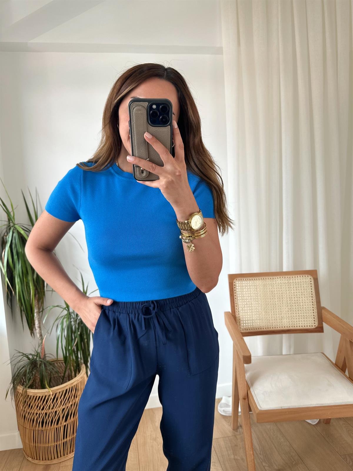 DİLVİN SAKS KISA KOLLU TRİKO BLUZ