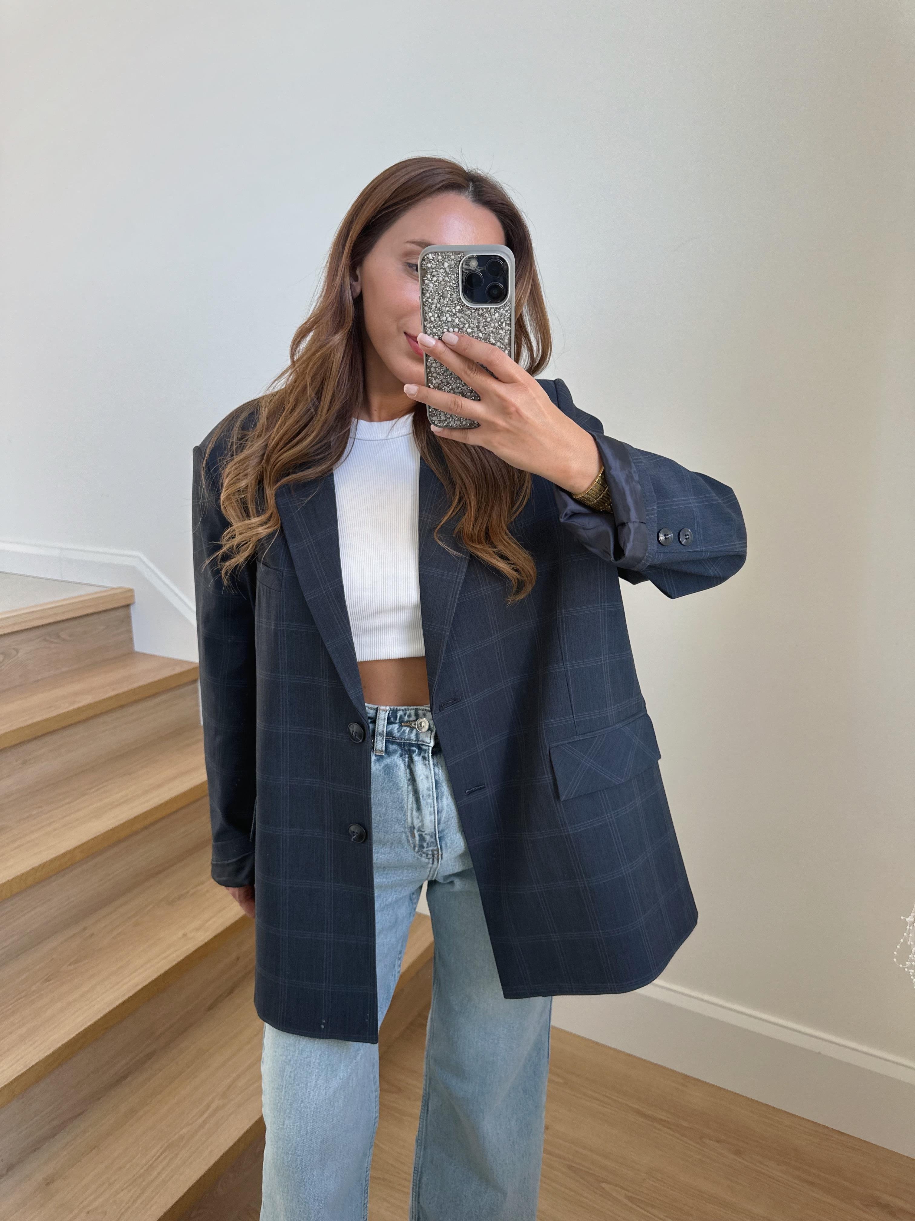 Ekose Lacivert Blazer Ceket