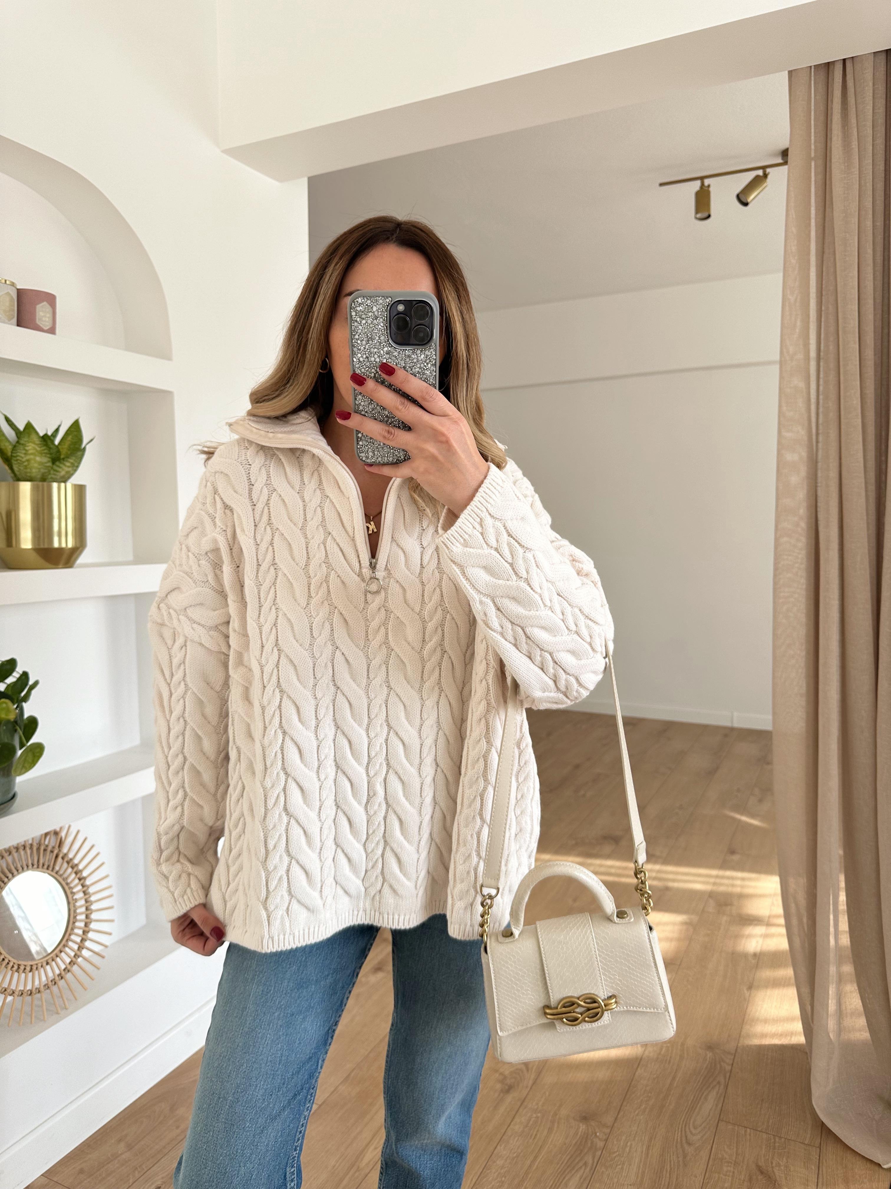 EKRU  KALIN SAÇ ÖRGÜ PREMIUM FERMUARLI  HIRKA