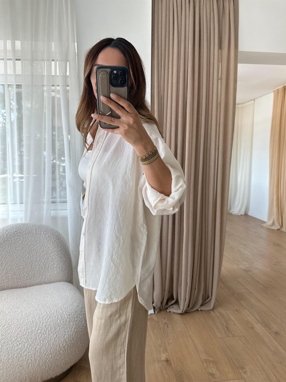EKRU OVERSIZE KETEN DOKULU GÖMLEK