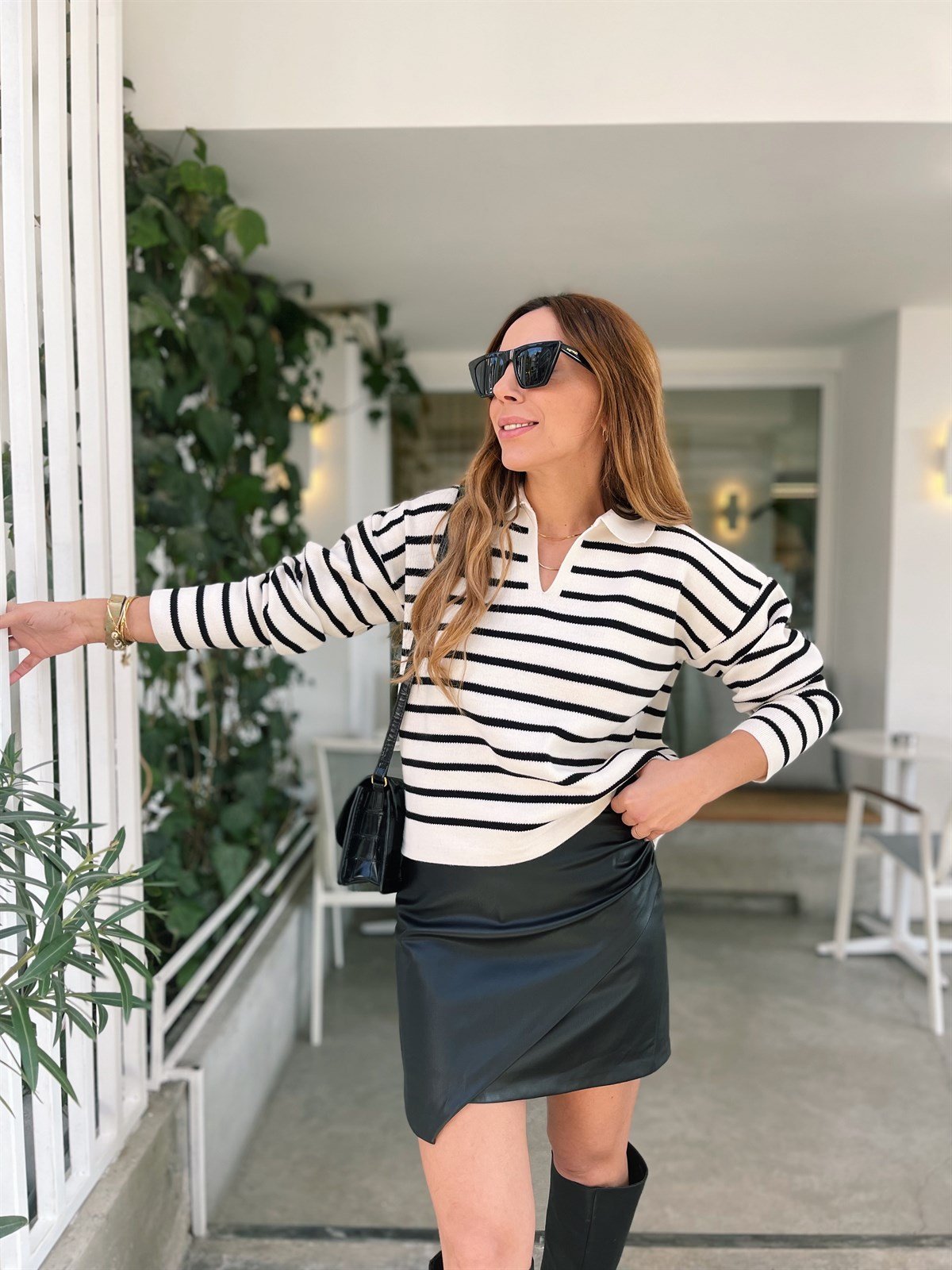 EKRU POLO YAKA ÇİZGİLİ TRİKO