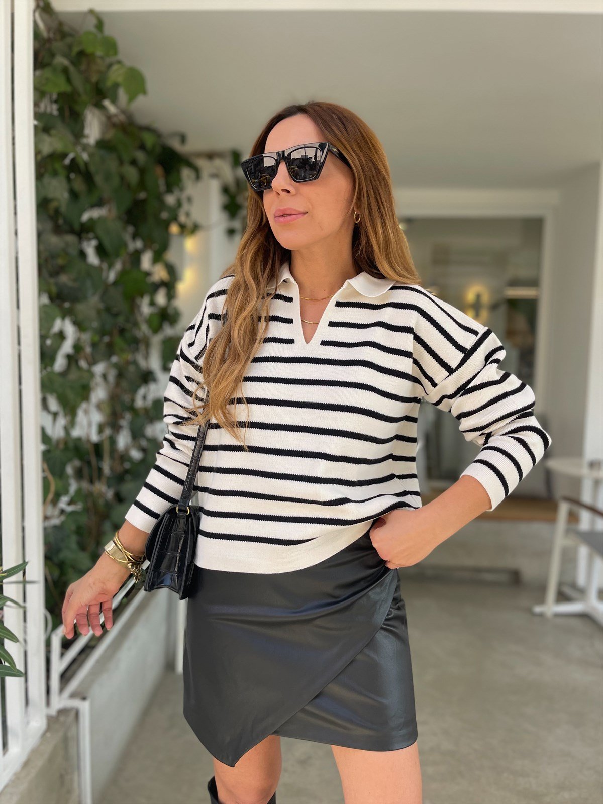 EKRU POLO YAKA ÇİZGİLİ TRİKO