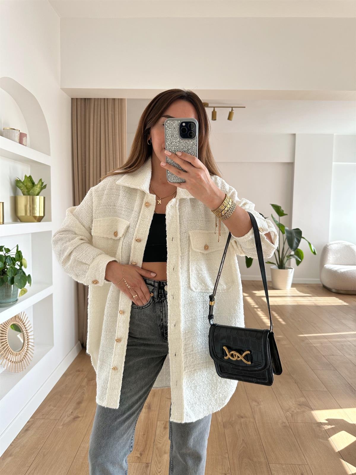 EKRU TÜVİT KUMAŞ OVERSIZE GÖMLEK