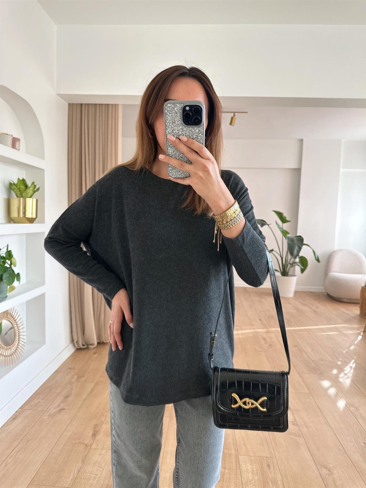 FÜME BİSİKLET YAKA YUMOŞ BLUZ