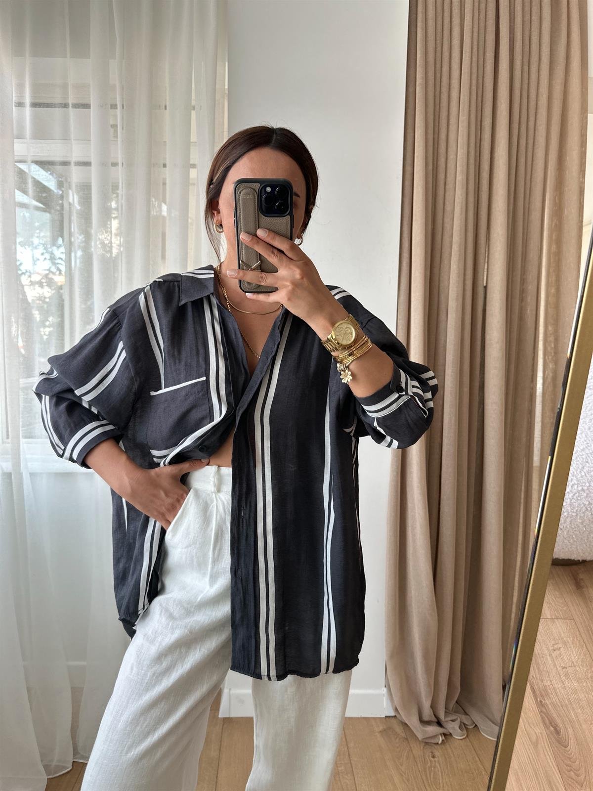 FÜME  ÇİZGİLİ TENSEL OVERSIZE GÖMLEK
