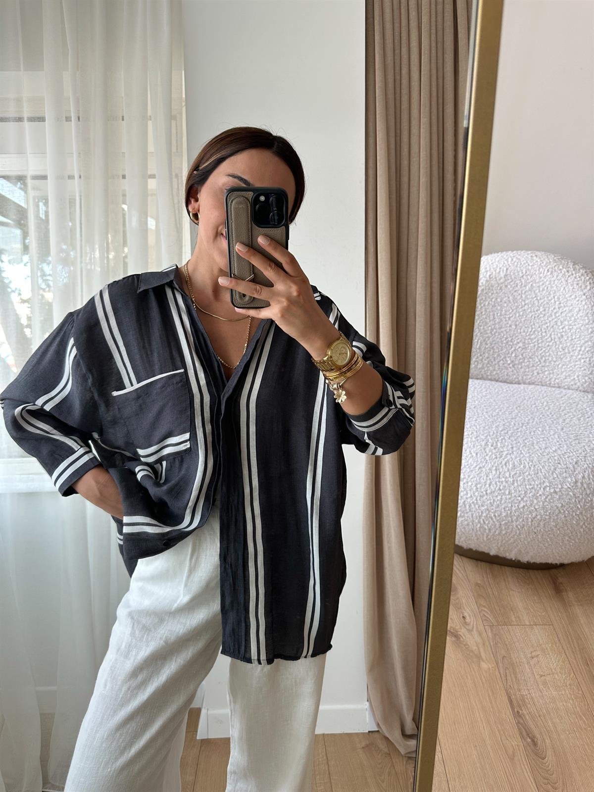 FÜME  ÇİZGİLİ TENSEL OVERSIZE GÖMLEK