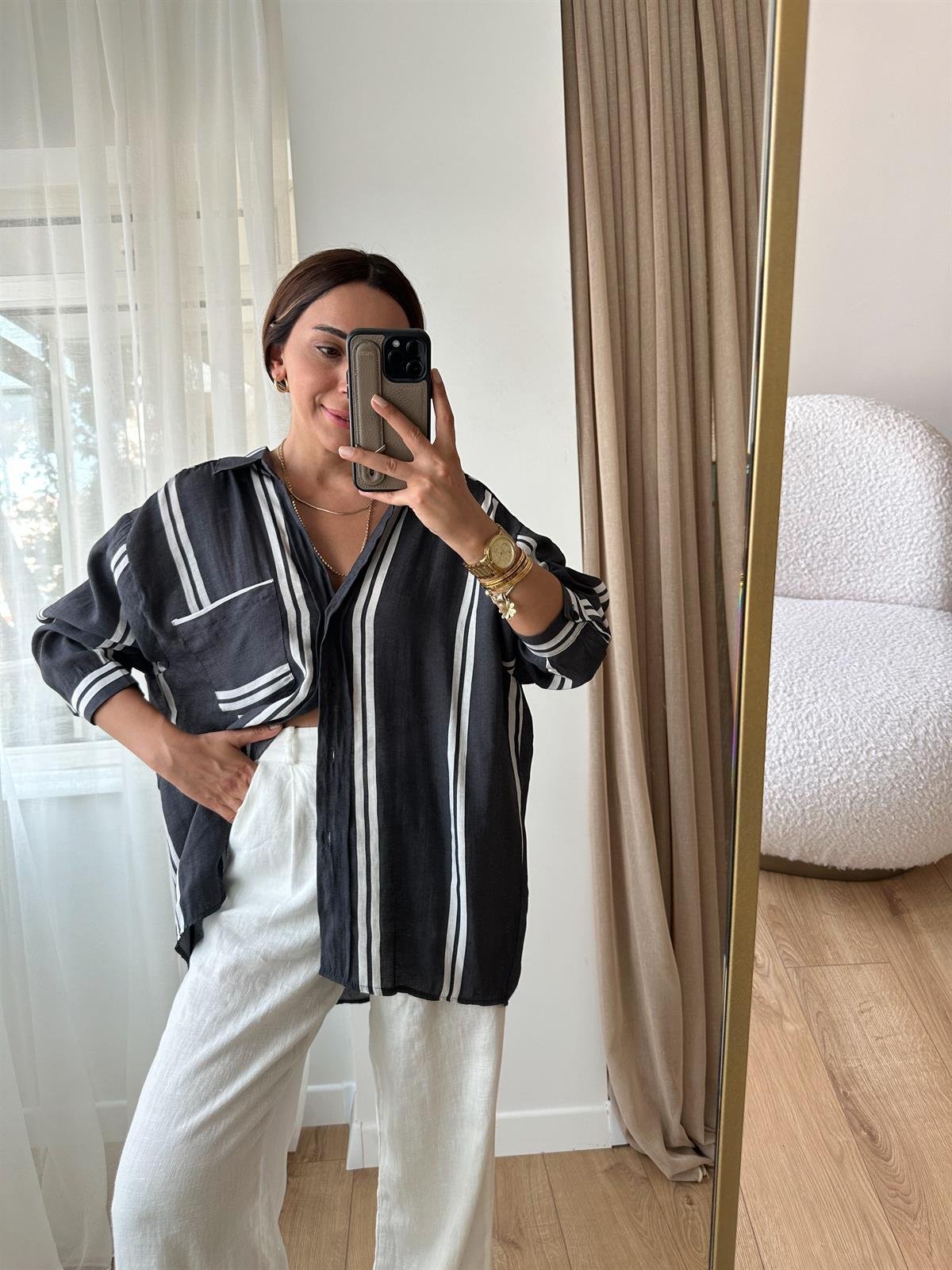 FÜME  ÇİZGİLİ TENSEL OVERSIZE GÖMLEK