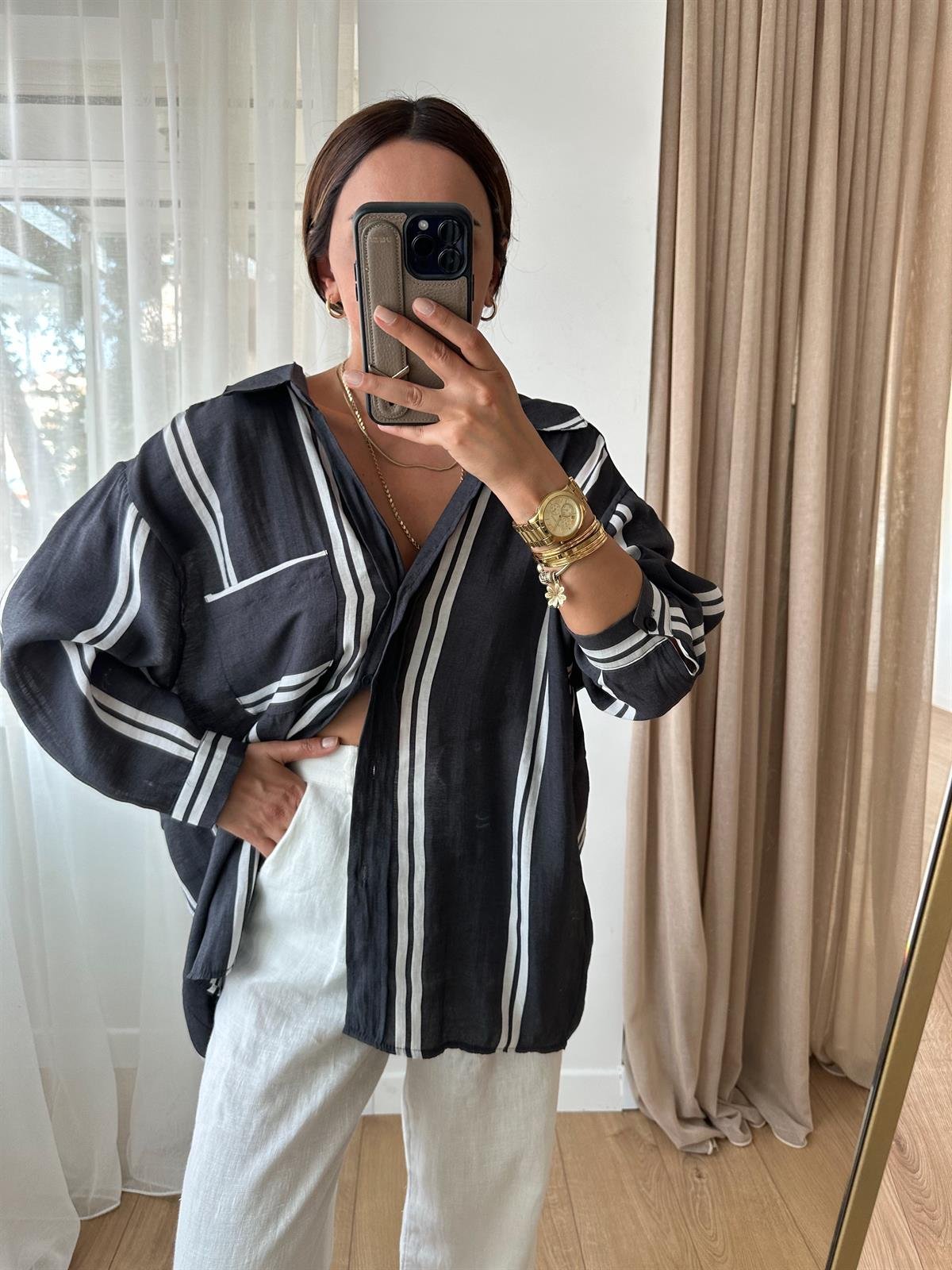 FÜME  ÇİZGİLİ TENSEL OVERSIZE GÖMLEK