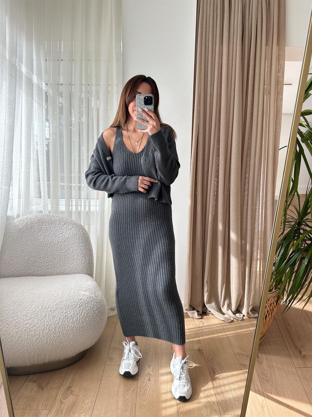 FÜME FİTİLLİ HIRKA ELBİSE TAKIM
