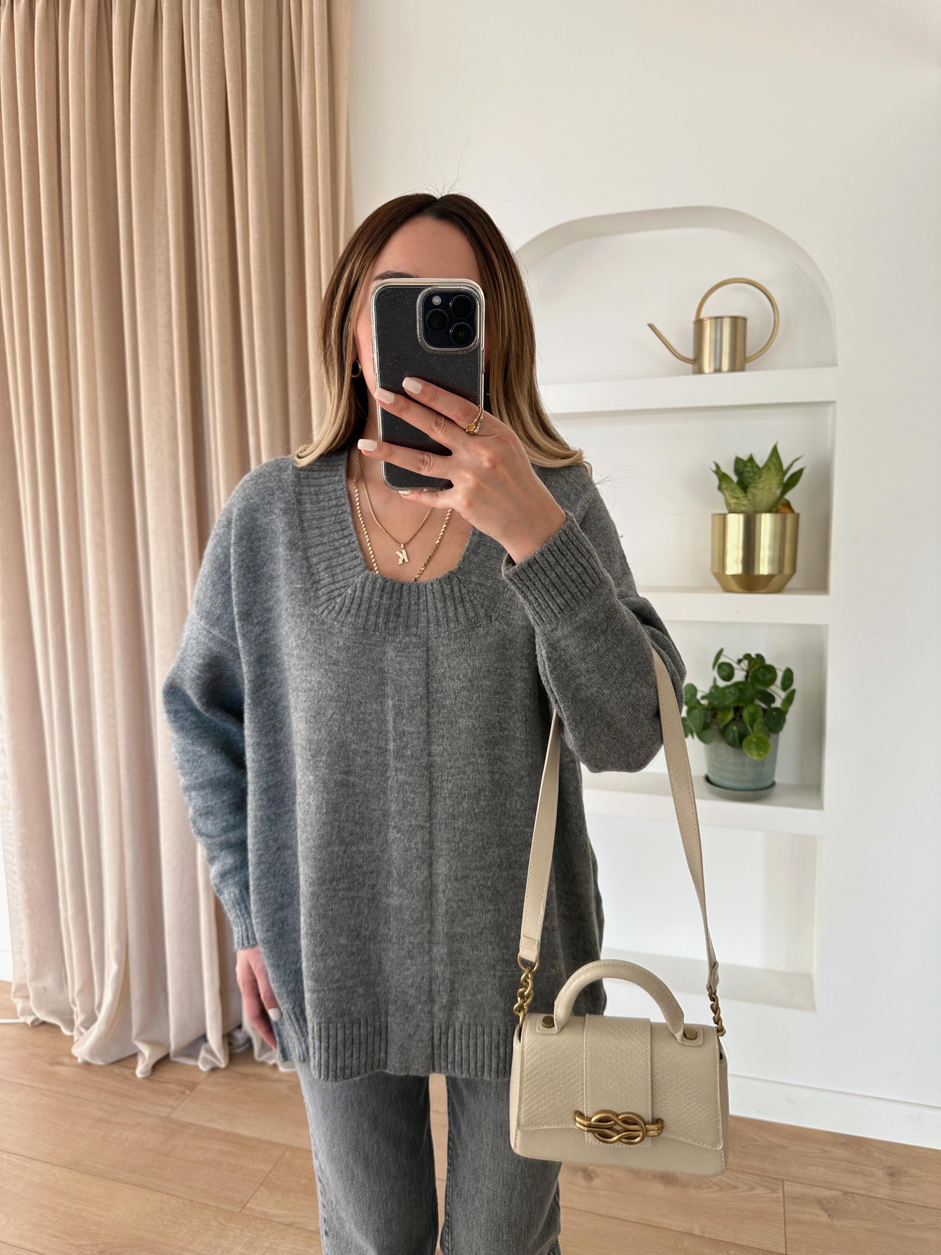 FÜME GENİŞ YAKA OVERSIZE GRİ KAZAK