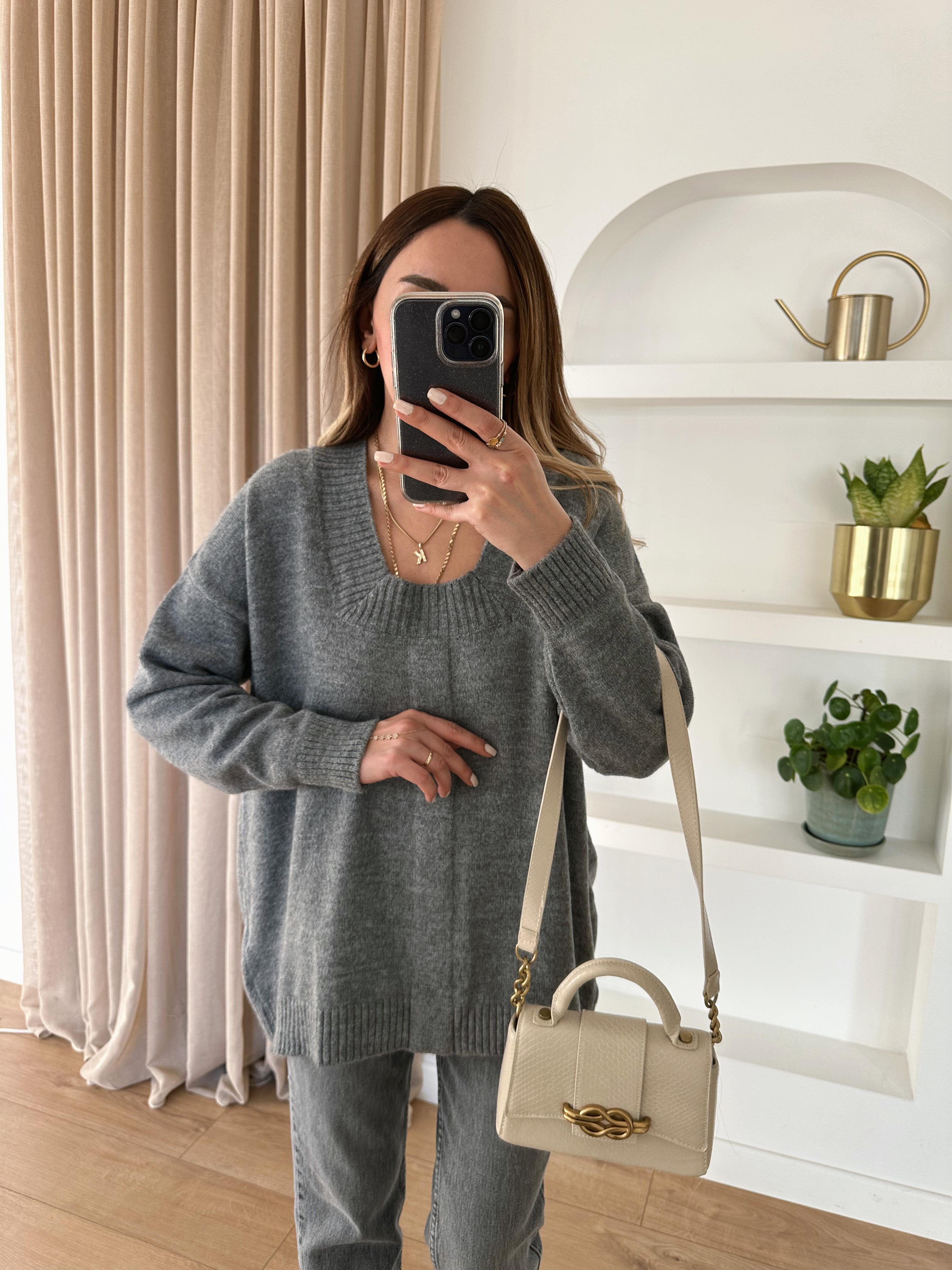 FÜME GENİŞ YAKA OVERSIZE GRİ KAZAK