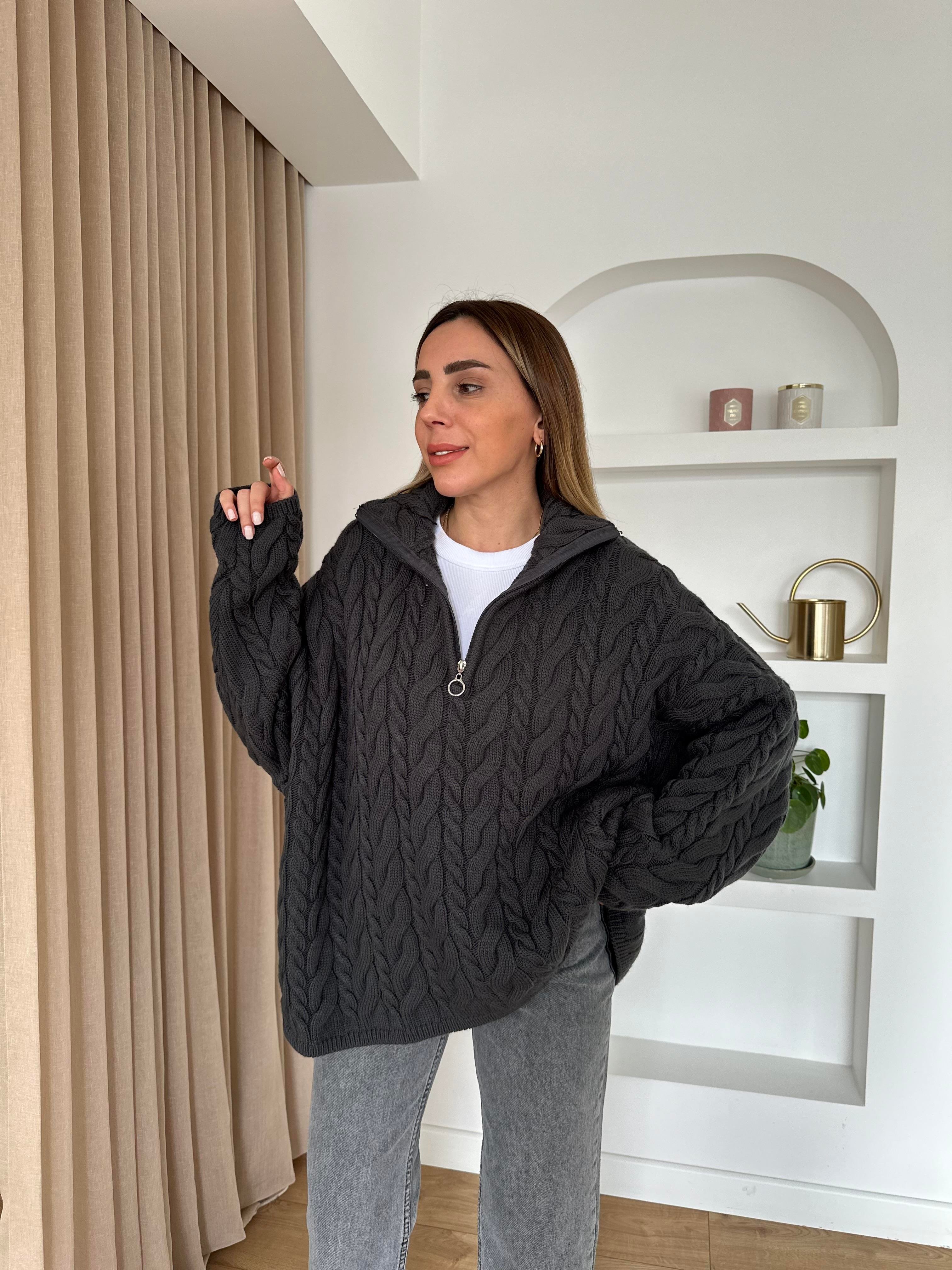 FÜME KALIN SAÇ ÖRGÜ PREMIUM FERMUARLI  HIRKA