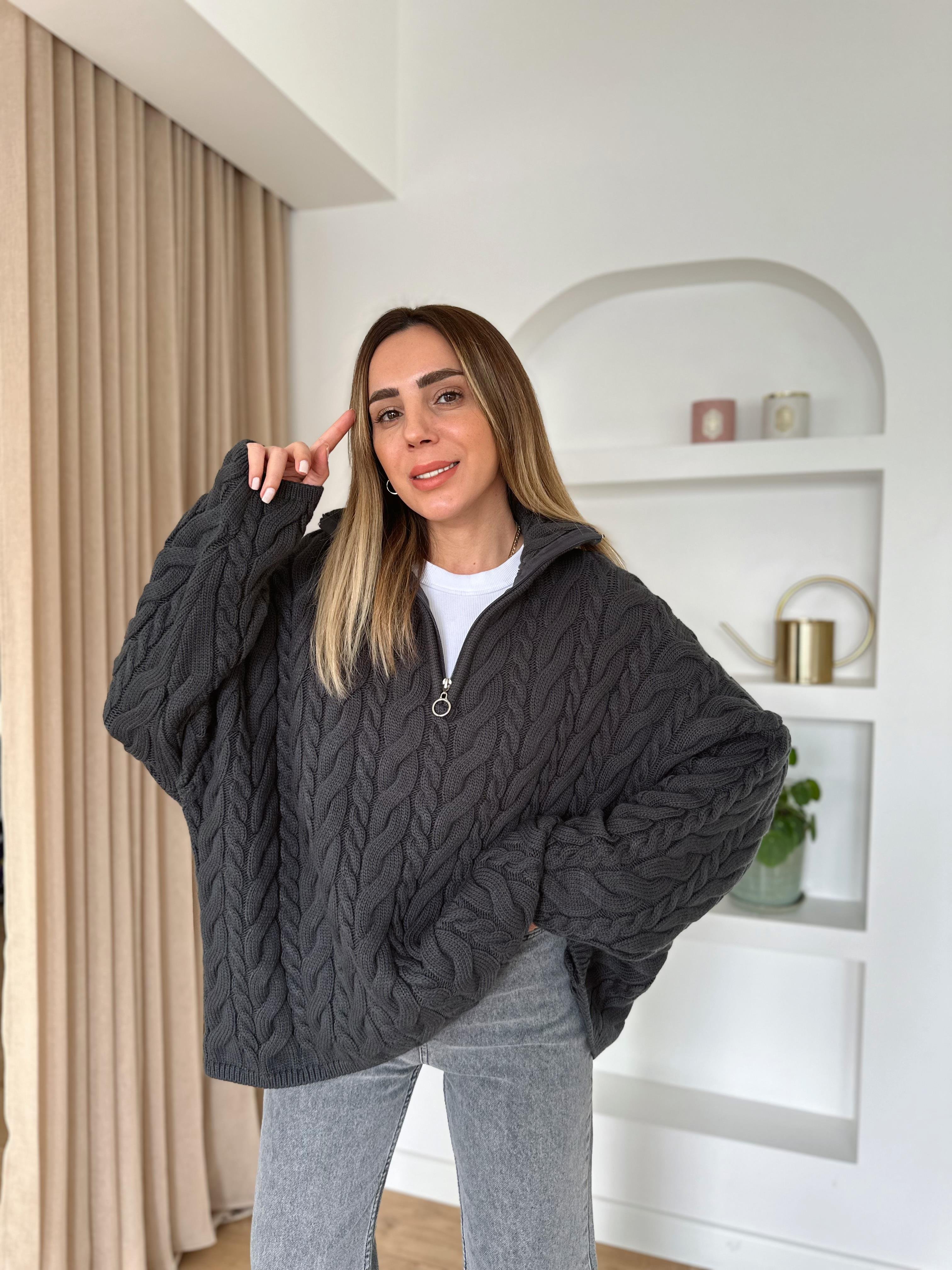 FÜME KALIN SAÇ ÖRGÜ PREMIUM FERMUARLI  HIRKA