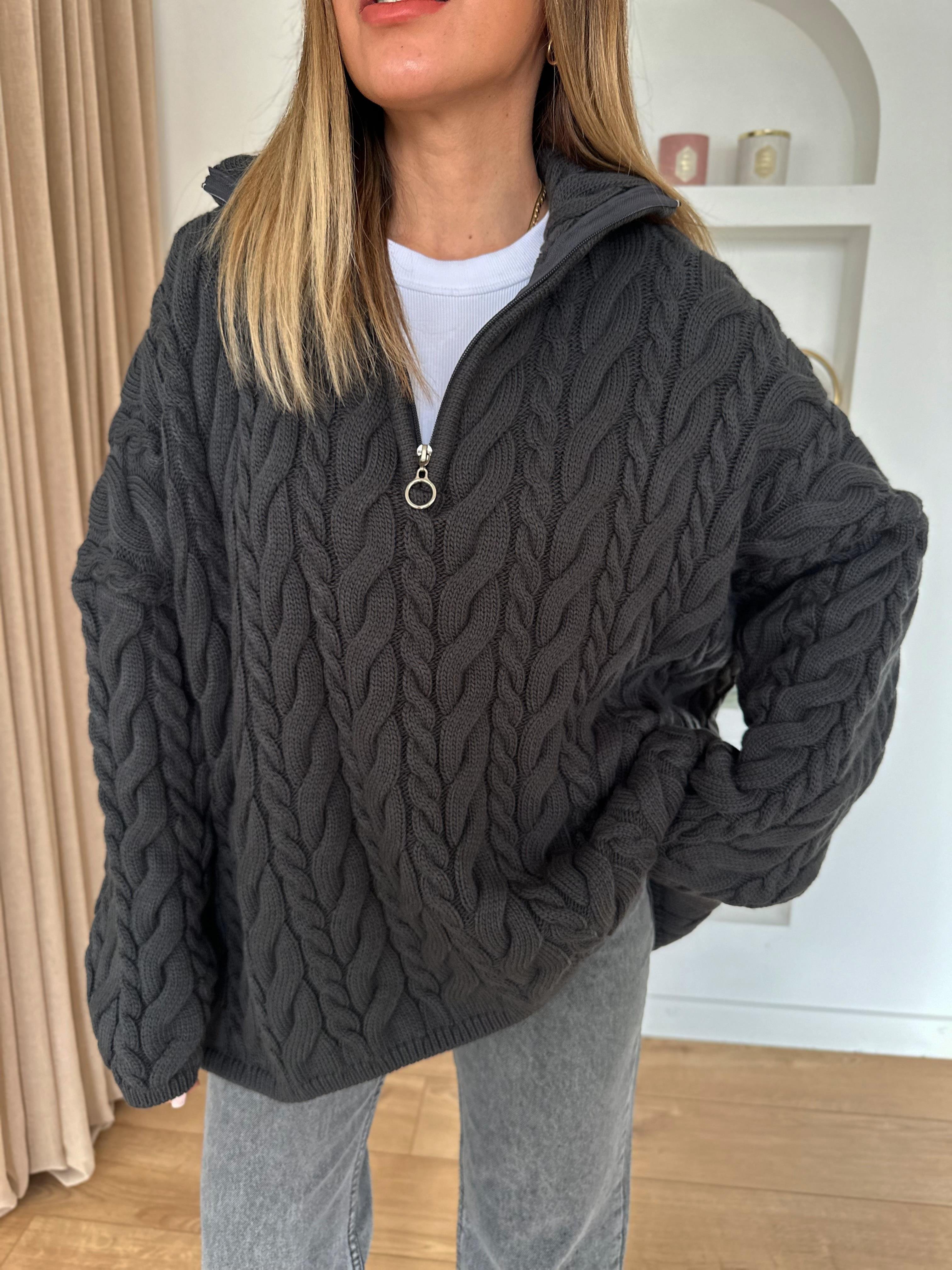 FÜME KALIN SAÇ ÖRGÜ PREMIUM FERMUARLI  HIRKA