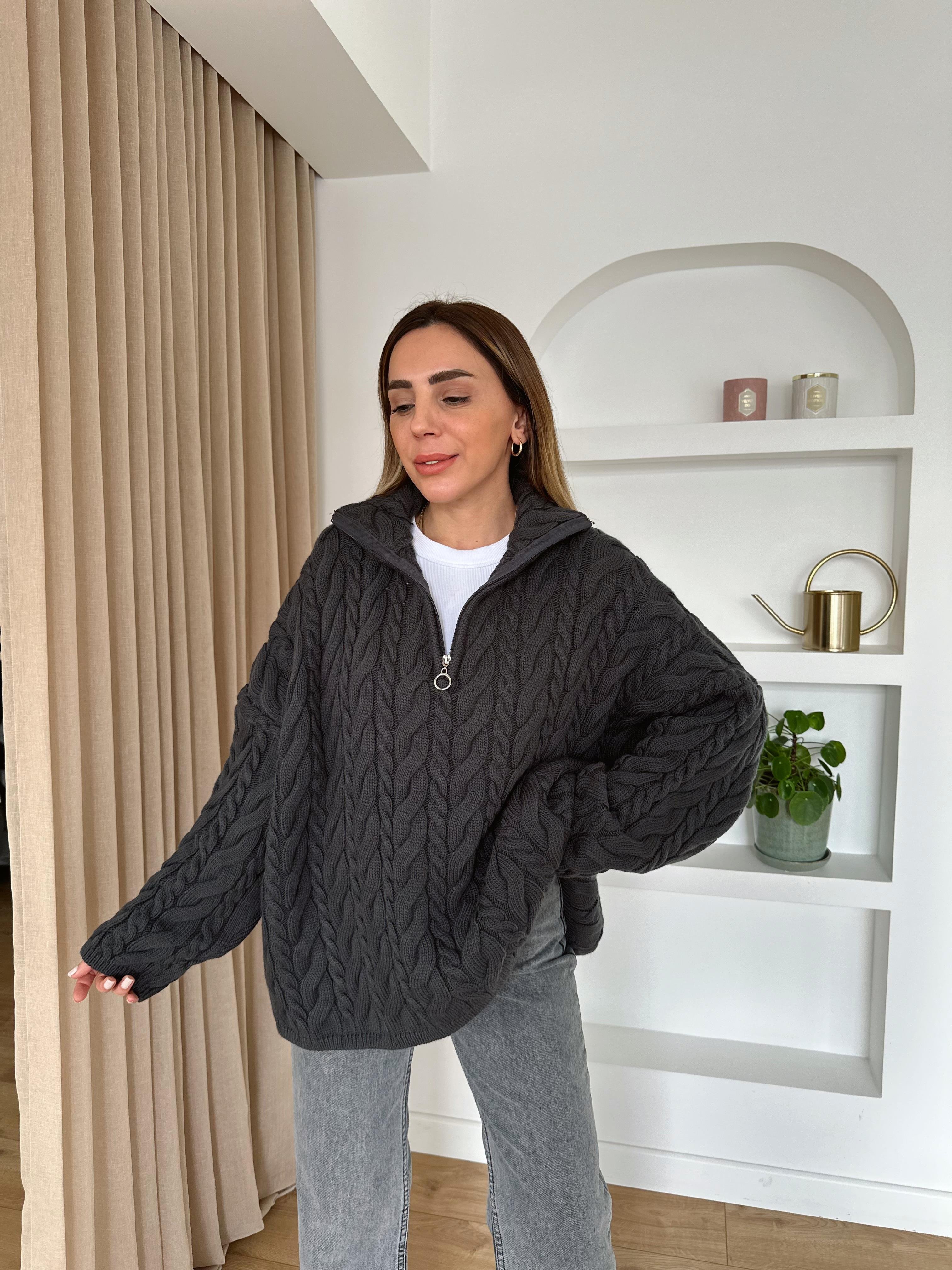 FÜME KALIN SAÇ ÖRGÜ PREMIUM FERMUARLI  HIRKA