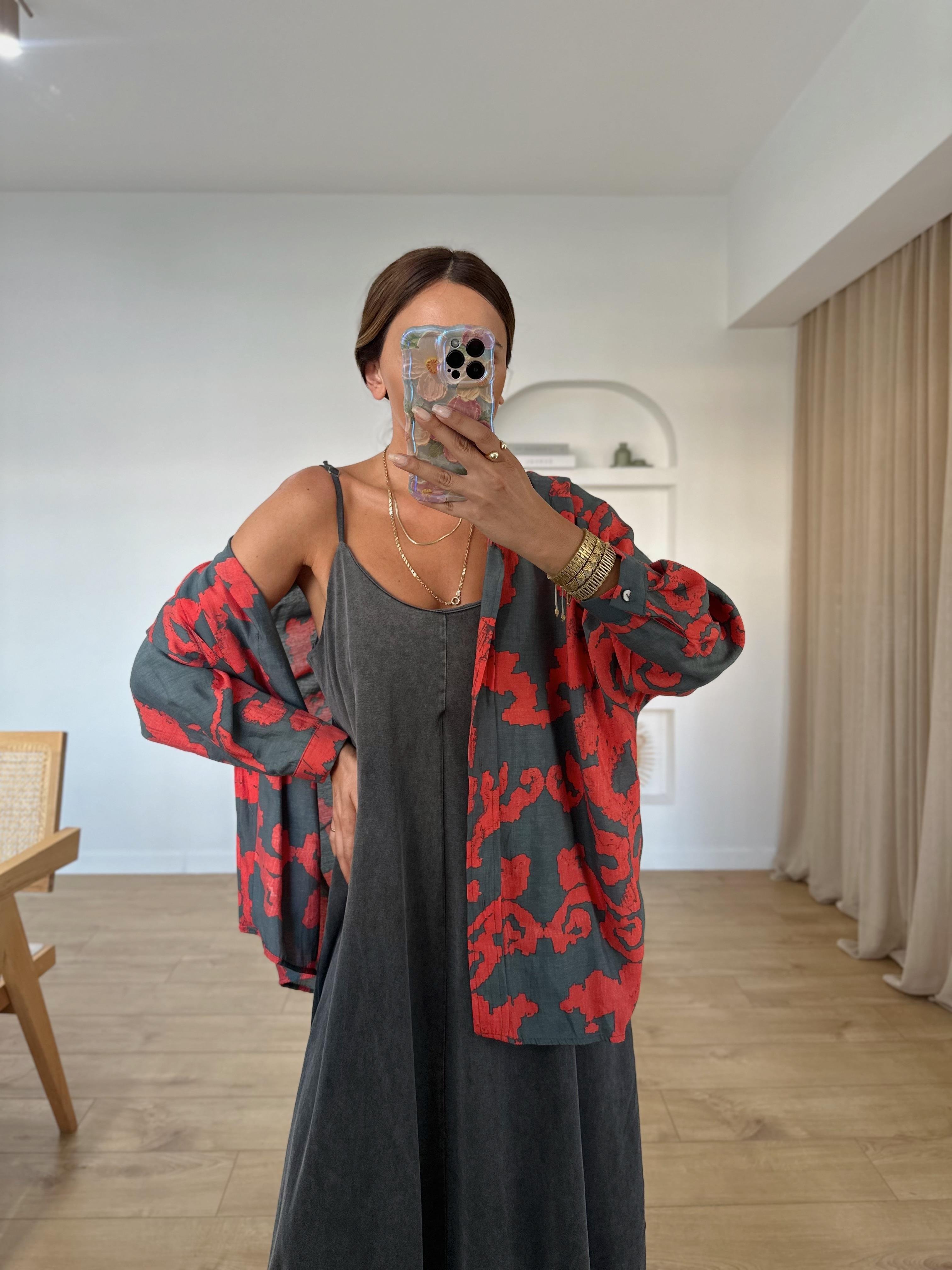 Füme Kırmızı Modal Karışımlı Oversıze Gömlek