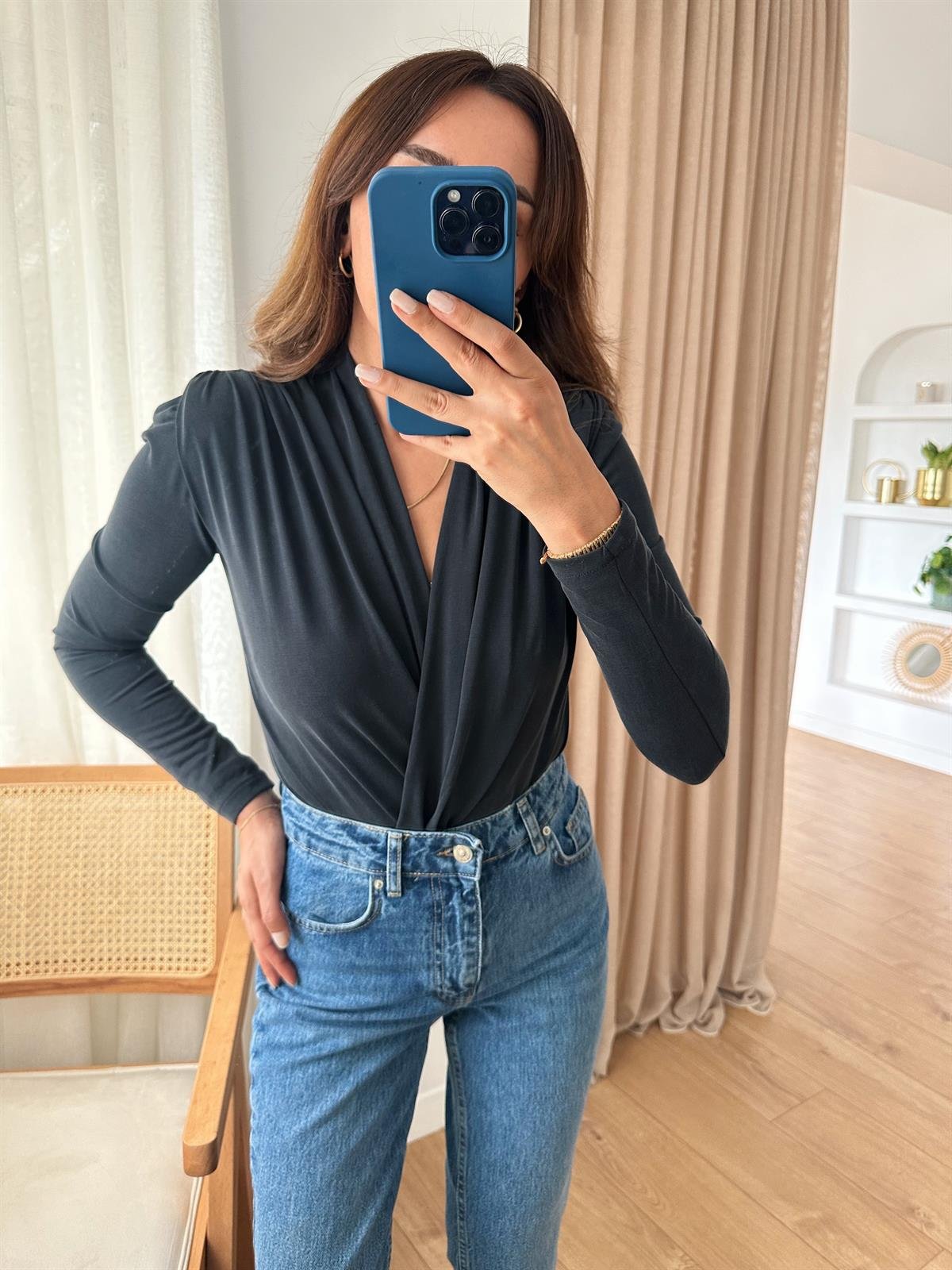 FÜME MODAL KRUVAZE ÇITÇITLI BODYSUIT