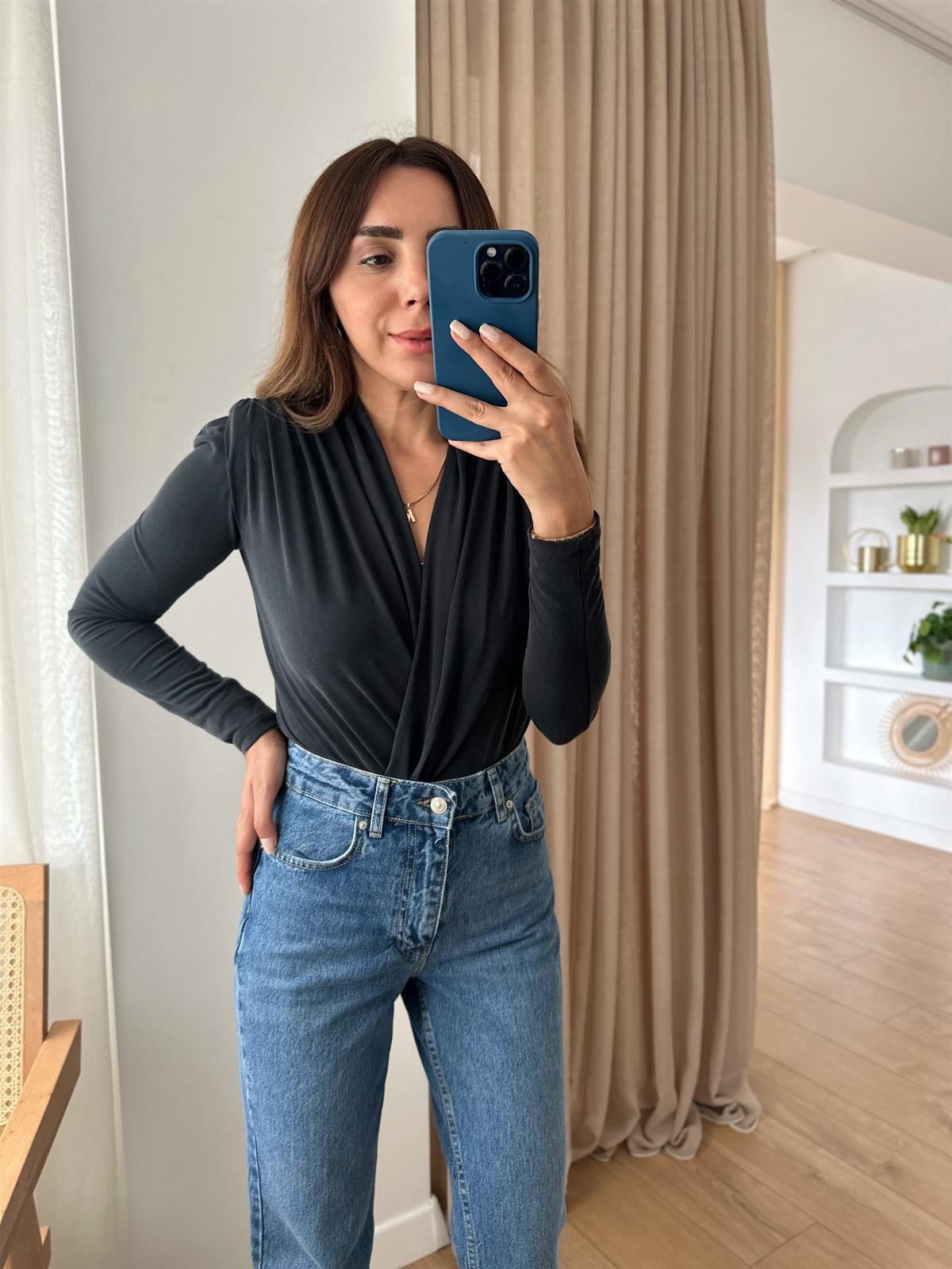 FÜME MODAL KRUVAZE ÇITÇITLI BODYSUIT