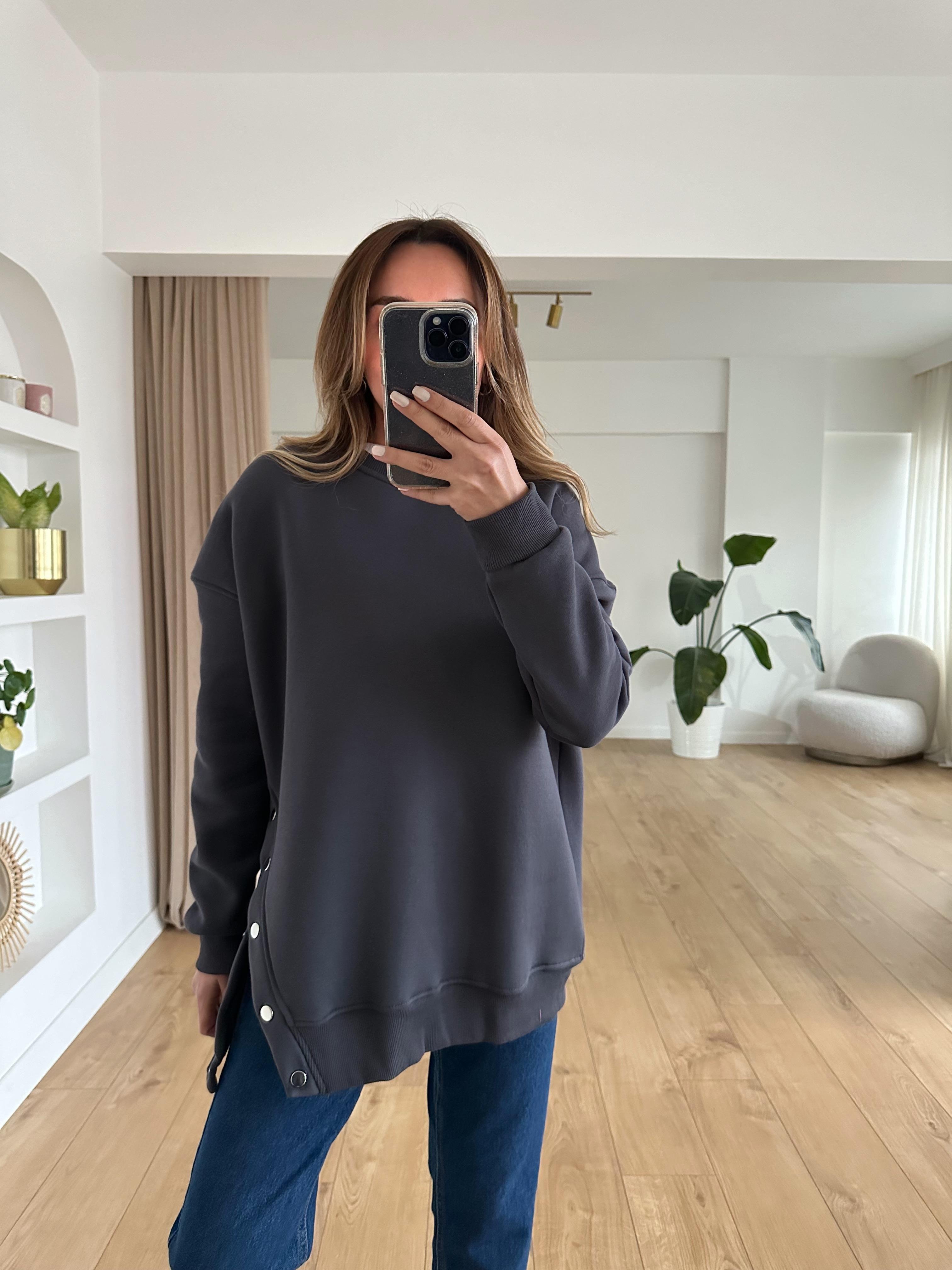 FÜME OVERSIZE ÇITÇITLI KALIN SWEAT