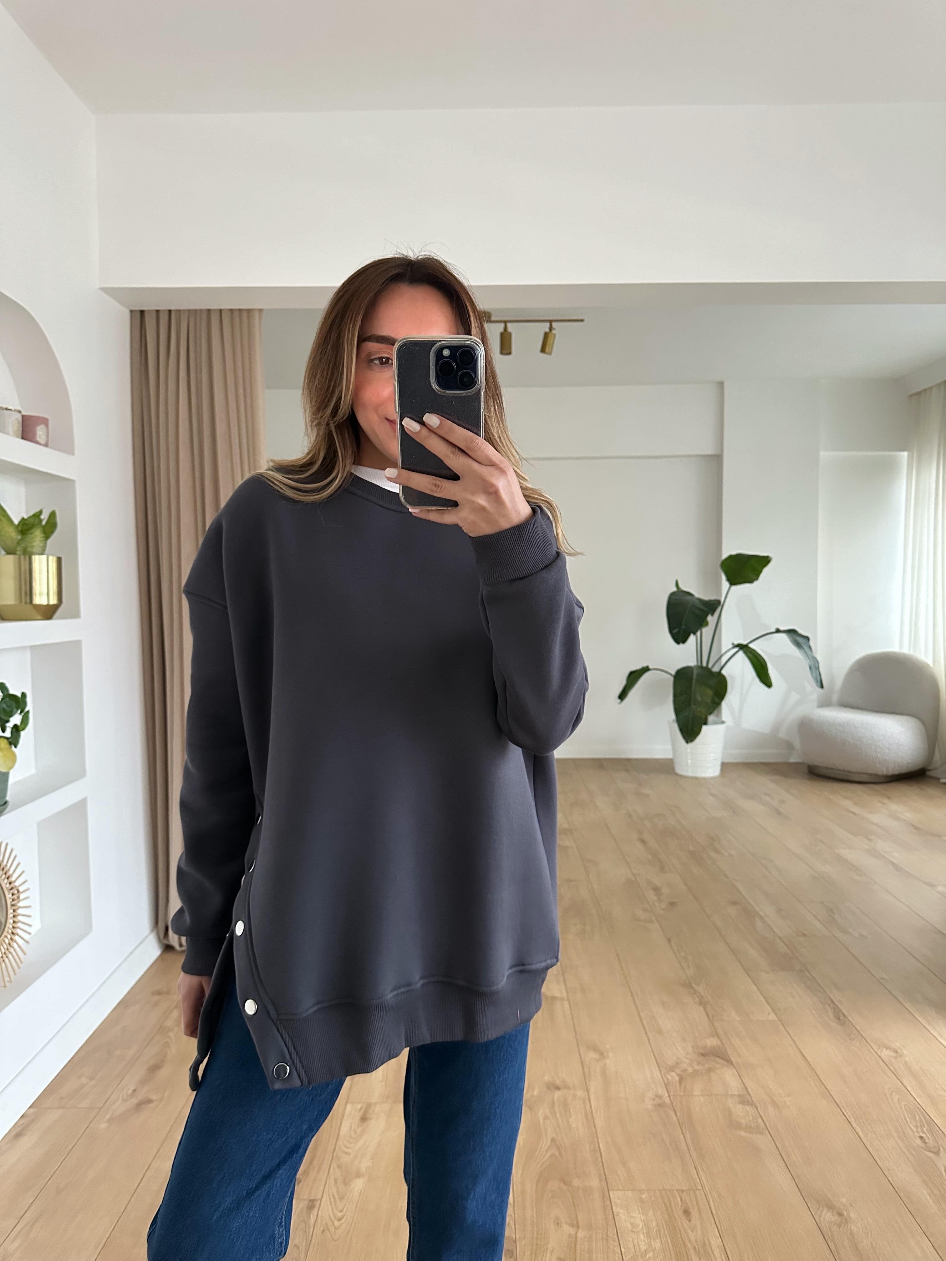 FÜME OVERSIZE ÇITÇITLI KALIN SWEAT