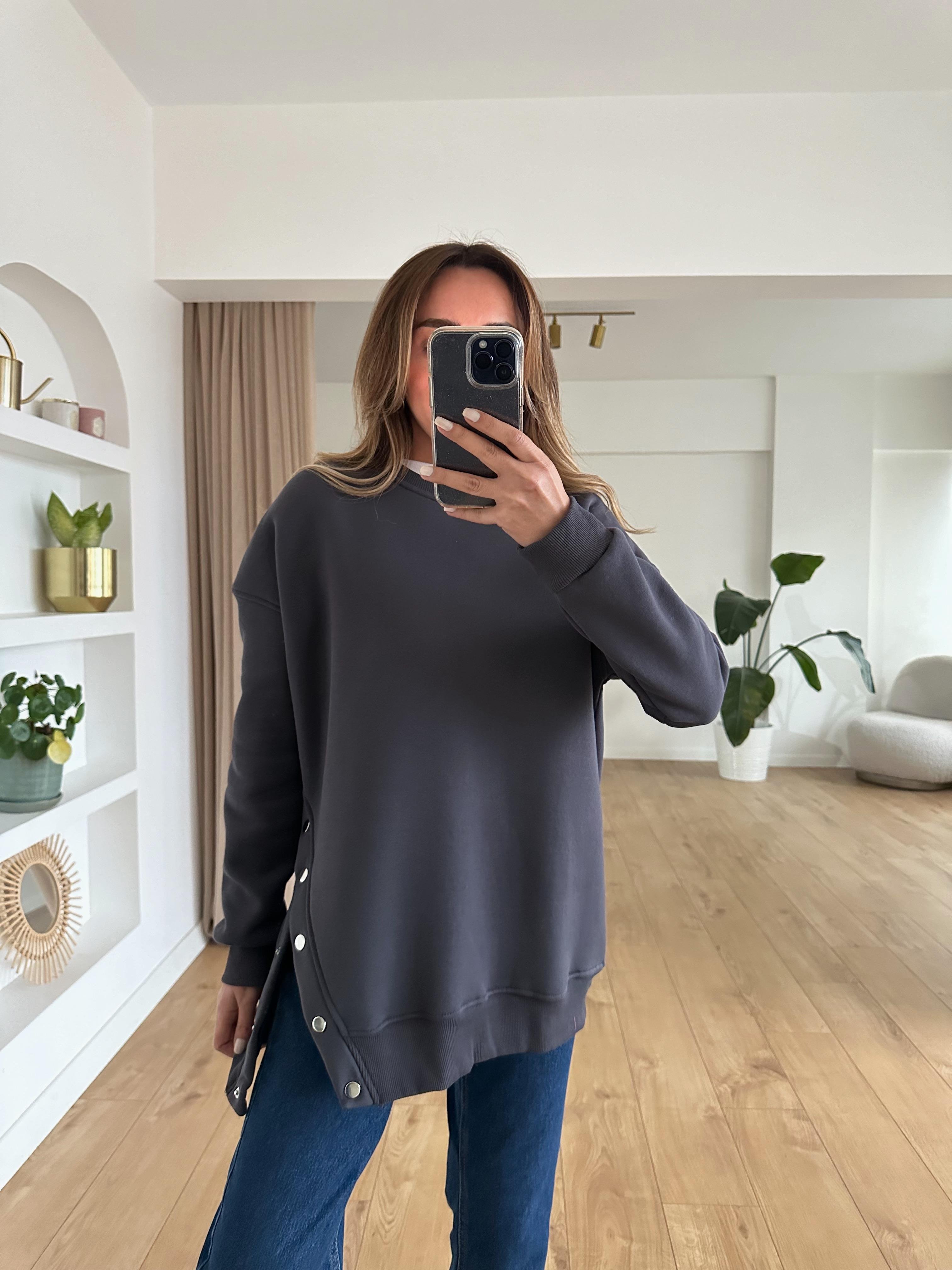 FÜME OVERSIZE ÇITÇITLI KALIN SWEAT