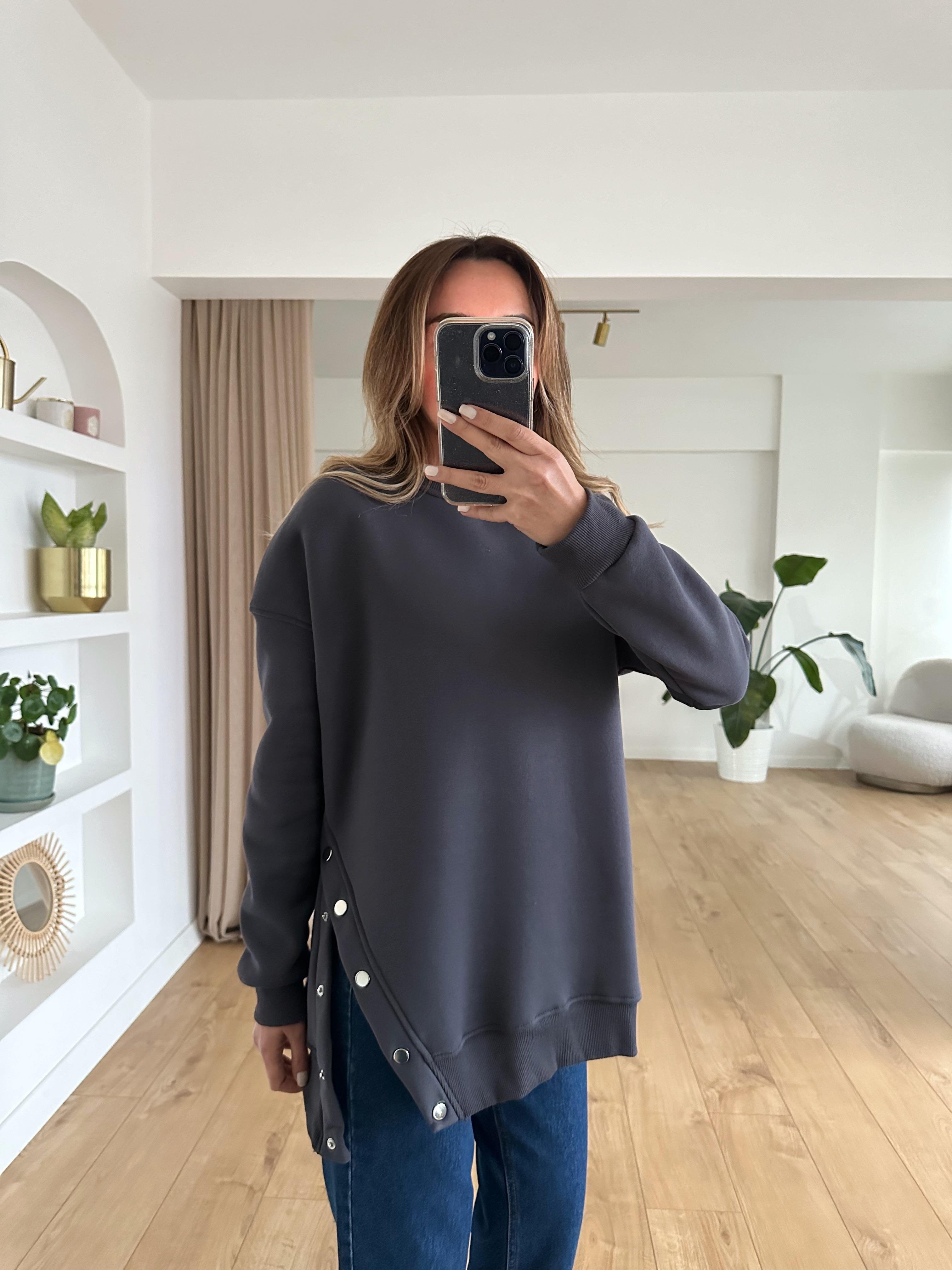FÜME OVERSIZE ÇITÇITLI KALIN SWEAT