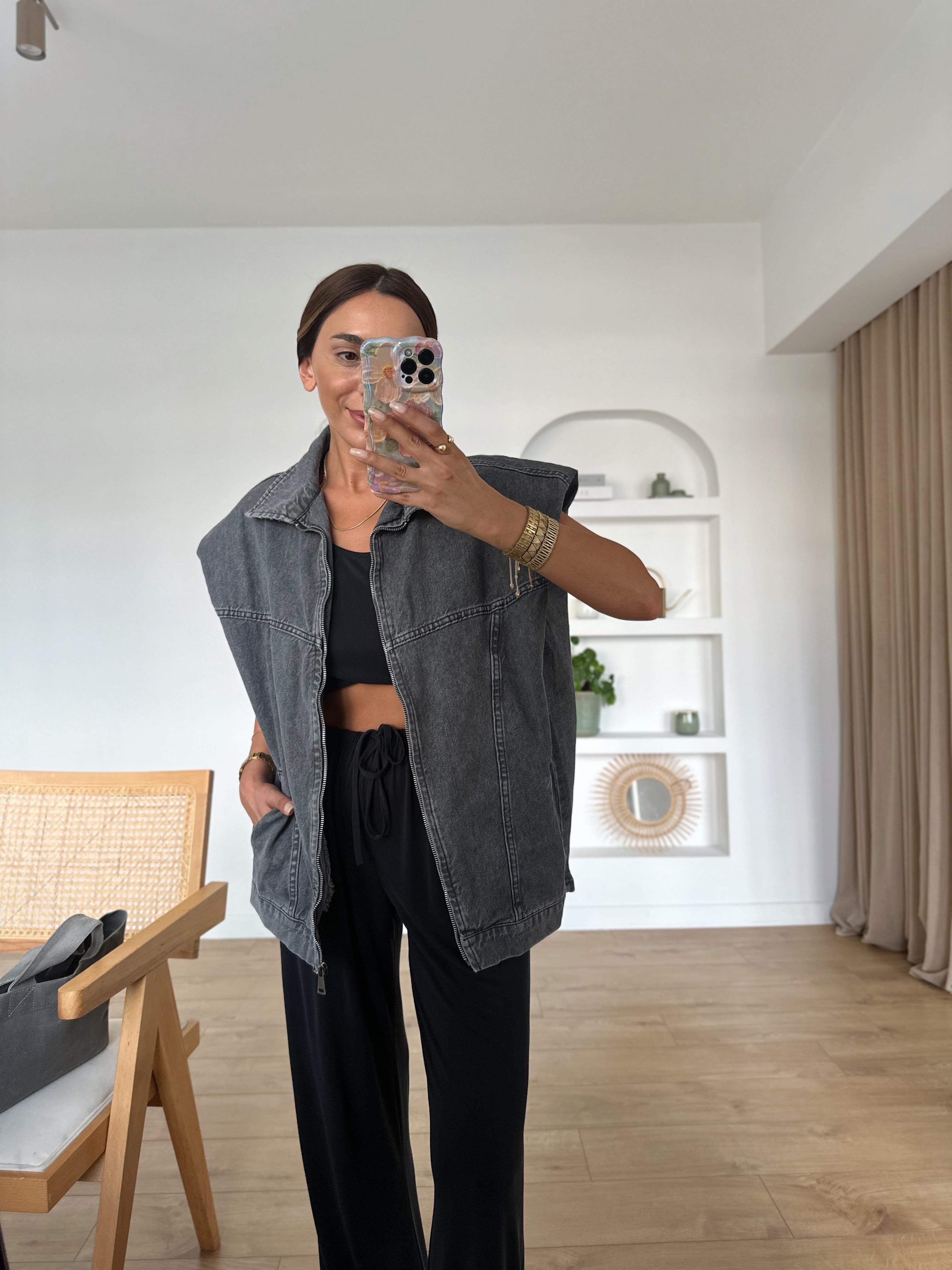 Füme Oversize Vatkalı Jean Yelek