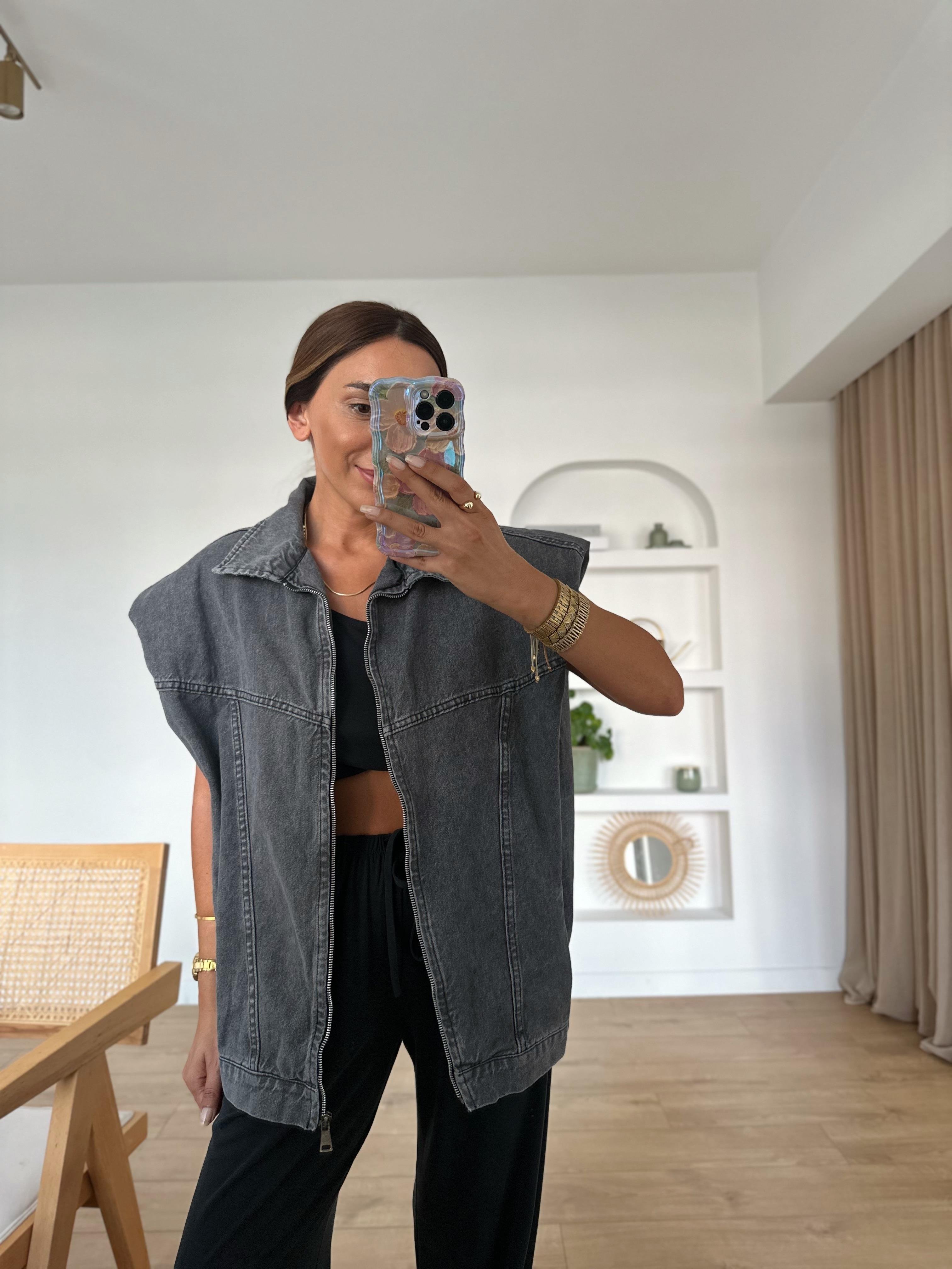 Füme Oversize Vatkalı Jean Yelek