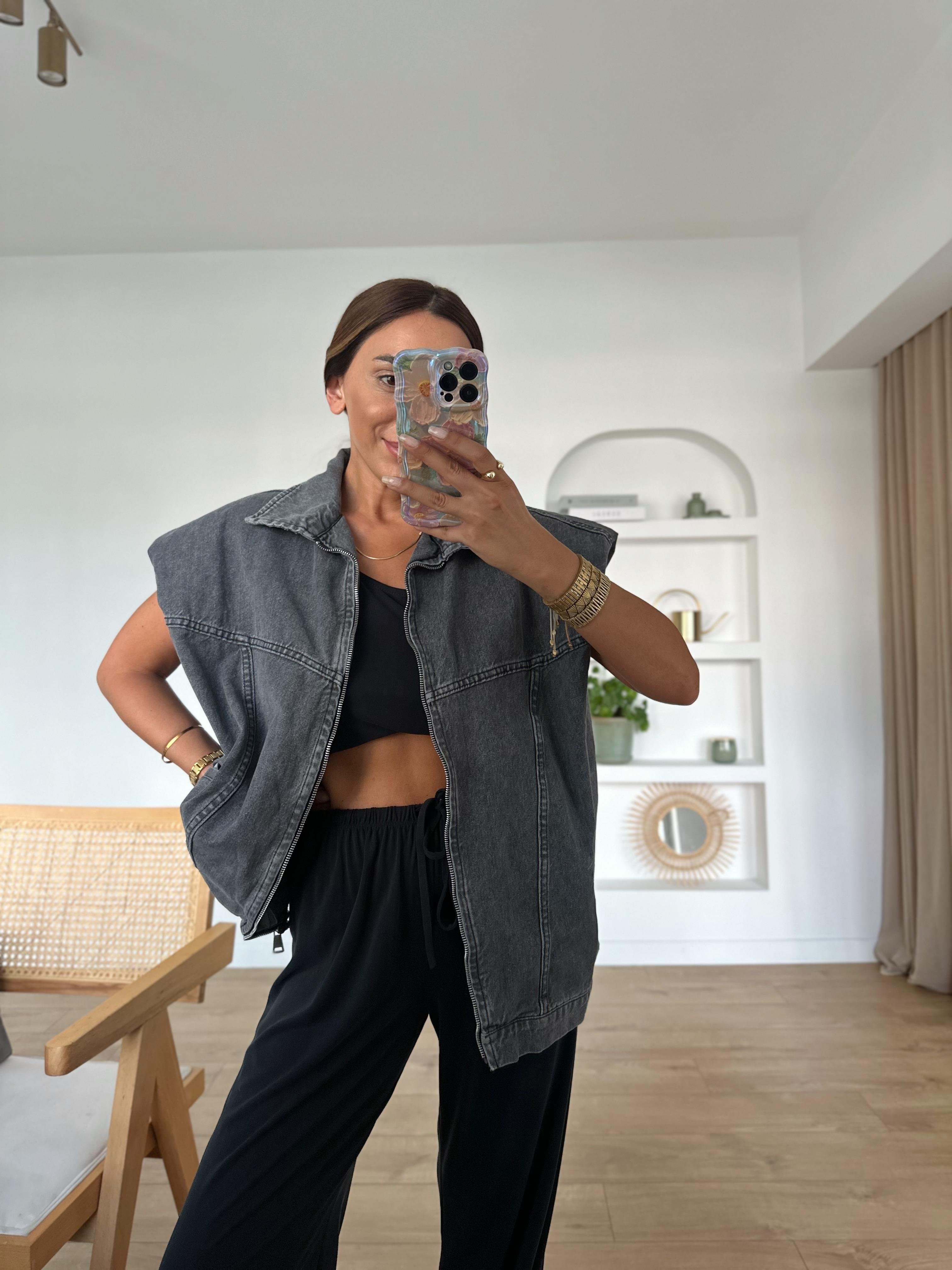 Füme Oversize Vatkalı Jean Yelek
