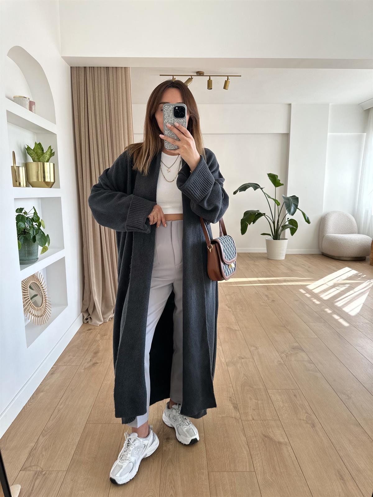 FÜME ŞAL YAKA OVERSIZE UZUN HIRKA