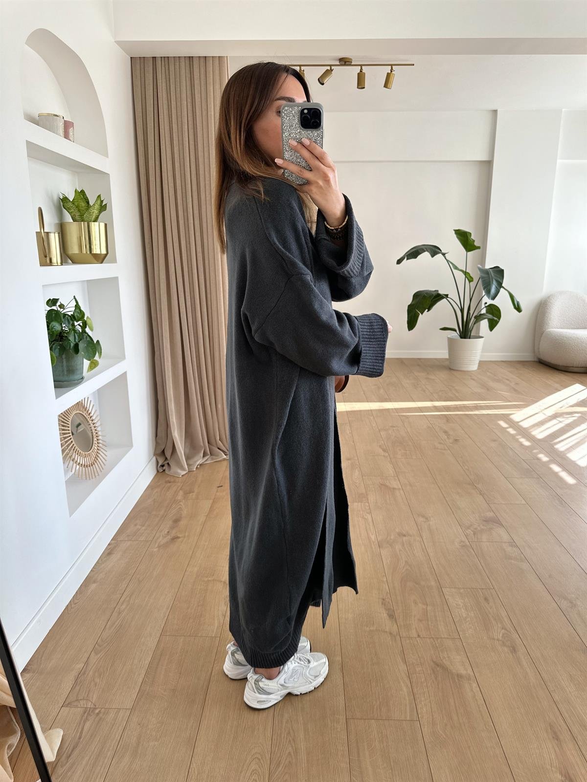 FÜME ŞAL YAKA OVERSIZE UZUN HIRKA