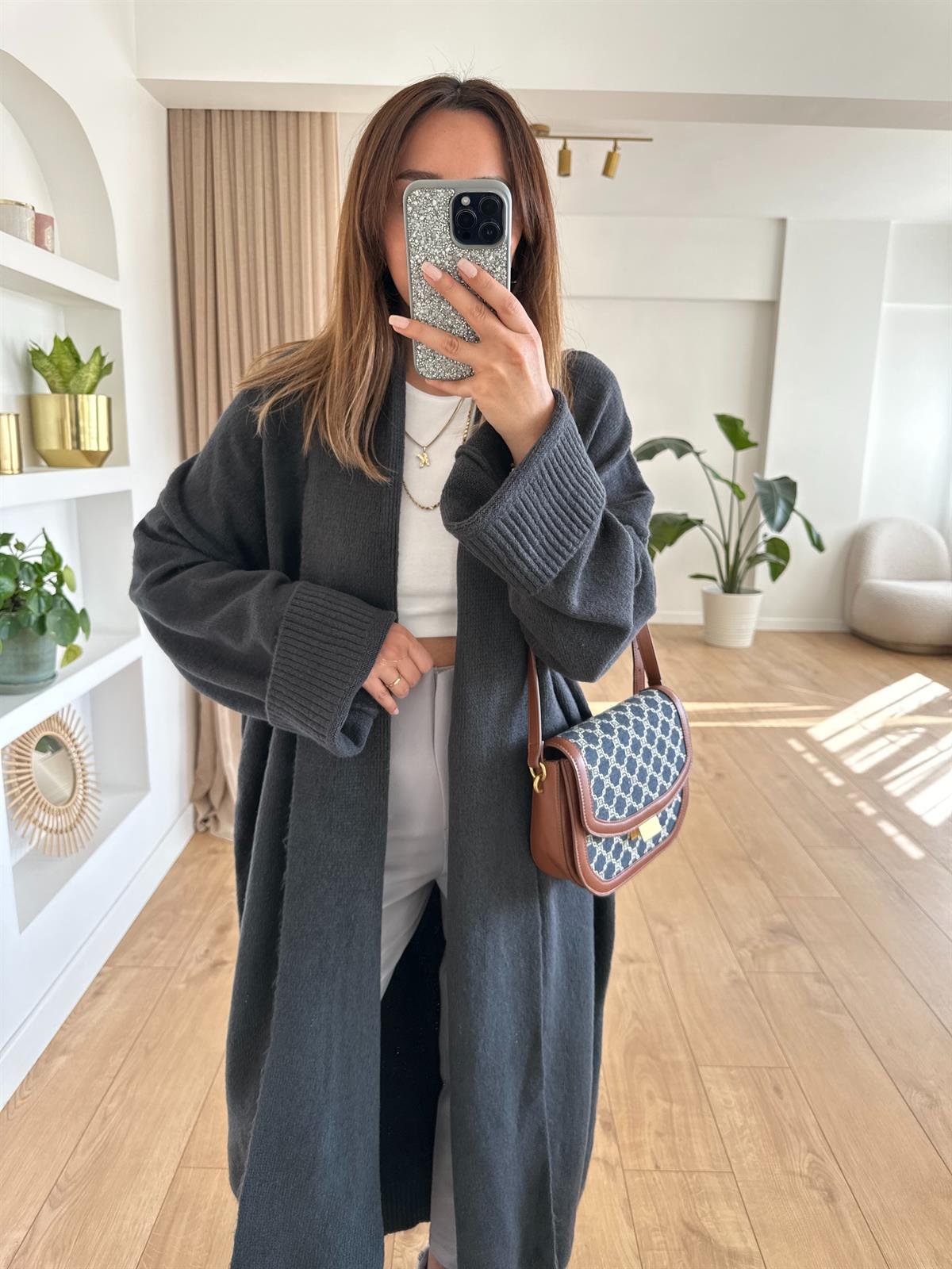 FÜME ŞAL YAKA OVERSIZE UZUN HIRKA