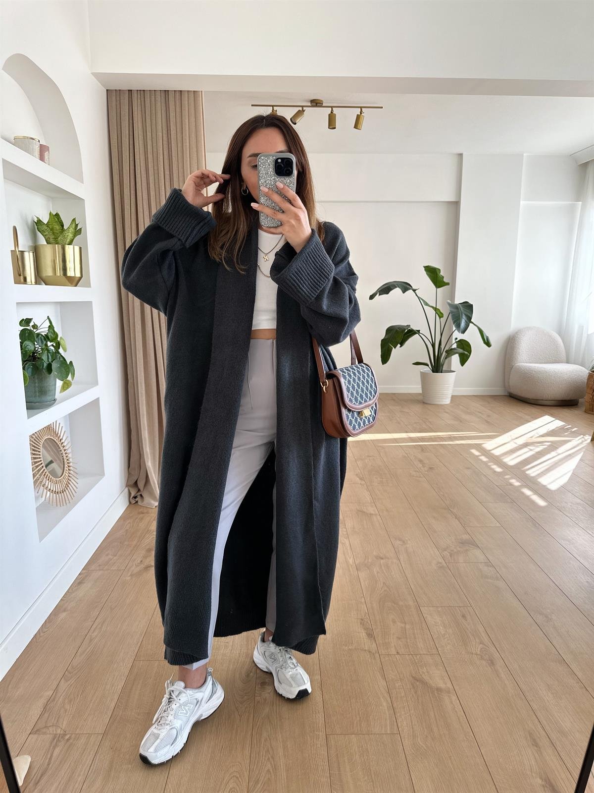 FÜME ŞAL YAKA OVERSIZE UZUN HIRKA