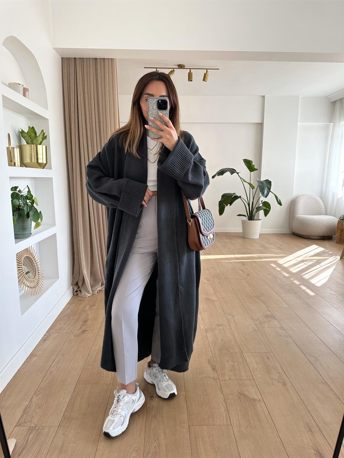 FÜME ŞAL YAKA OVERSIZE UZUN HIRKA
