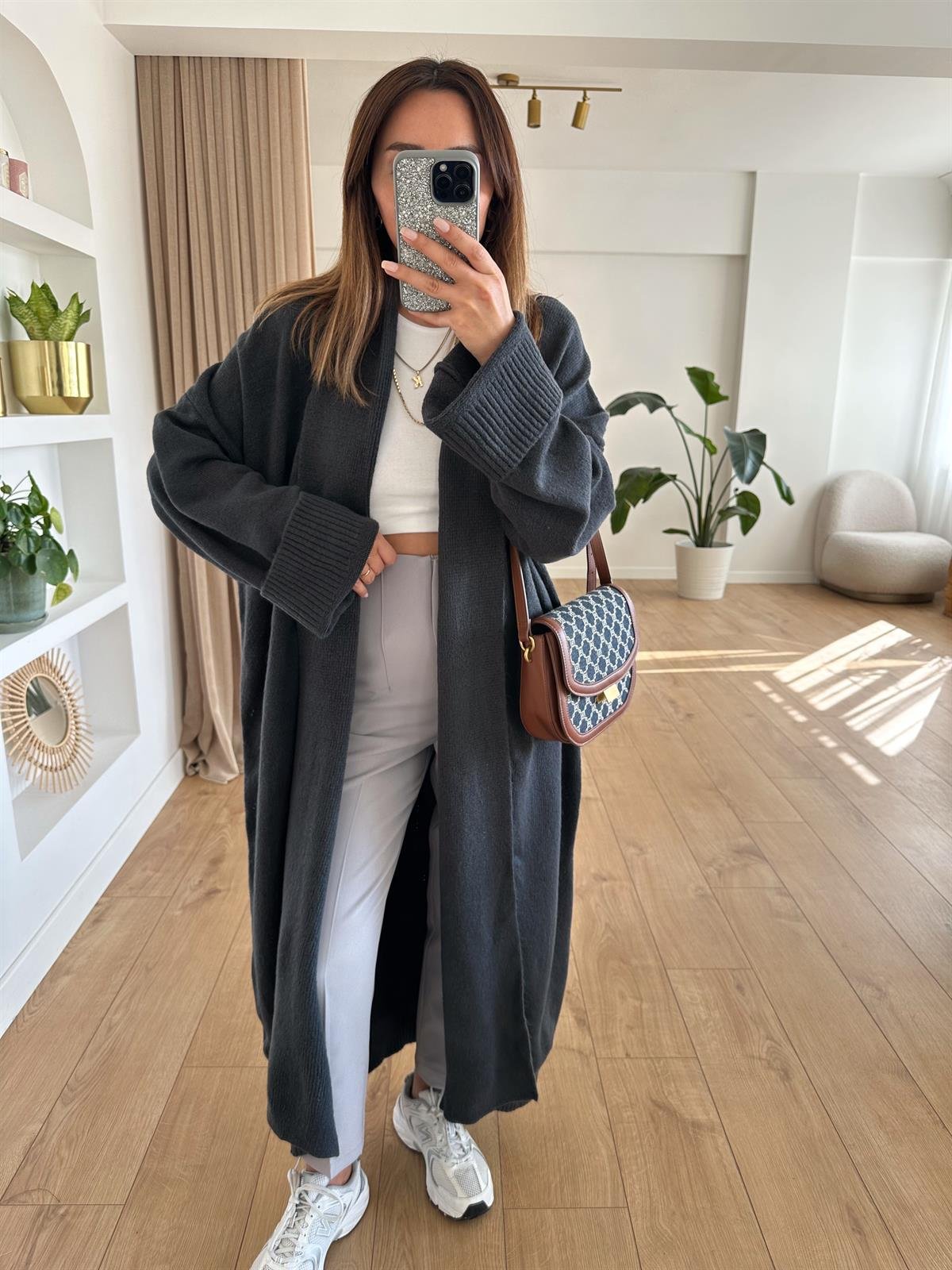 FÜME ŞAL YAKA OVERSIZE UZUN HIRKA