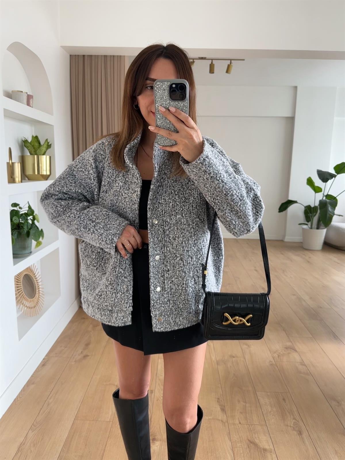 GRİ ASTARLI BUKLET BOMBER CEKET