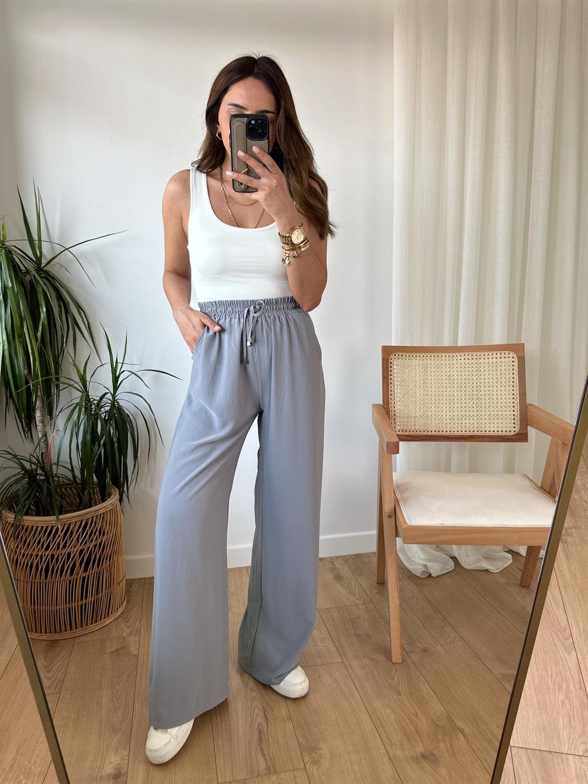 GRİ BELİ LASTİKLİ TENSEL PANTOLON