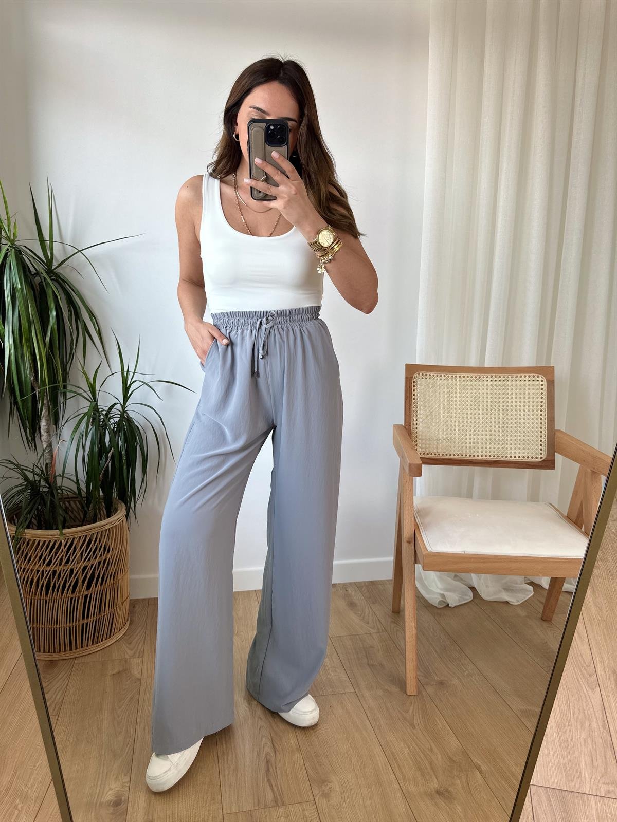 GRİ BELİ LASTİKLİ TENSEL PANTOLON