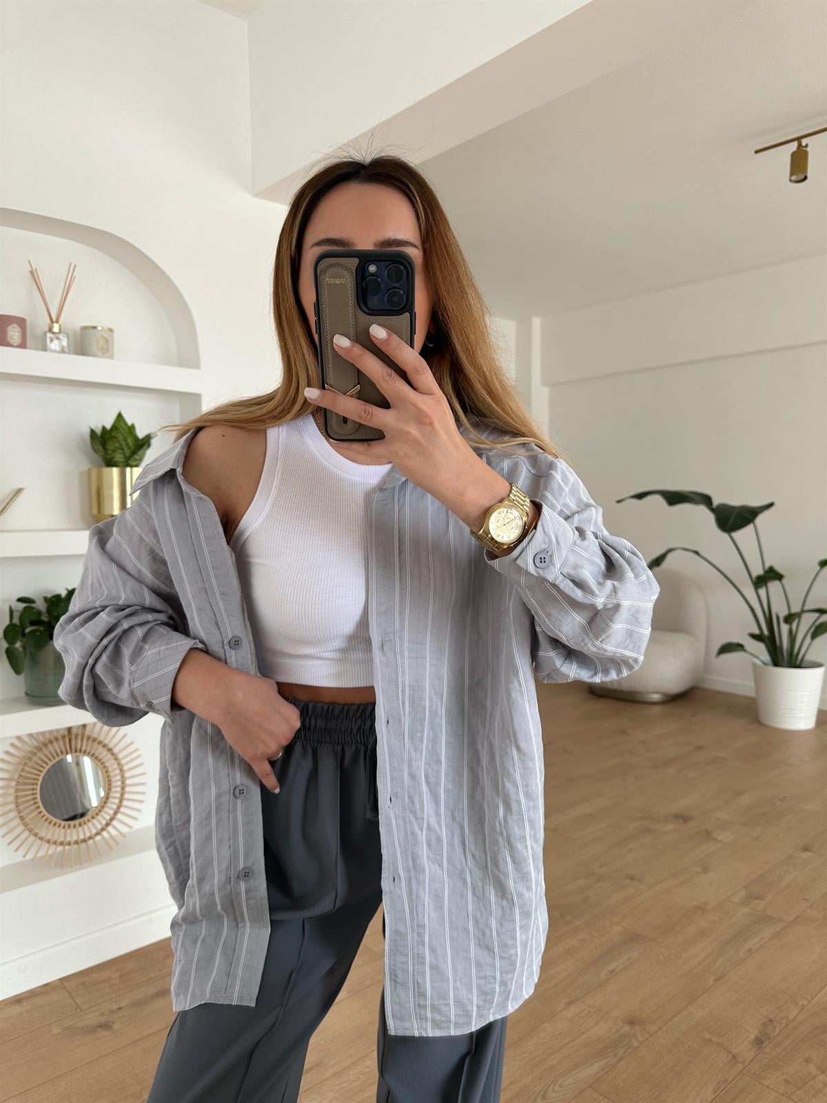 GRİ ÇİZGİLİ TENSEL OVERSIZE GÖMLEK