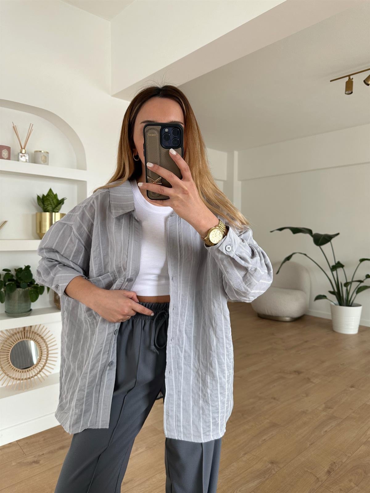 GRİ ÇİZGİLİ TENSEL OVERSIZE GÖMLEK