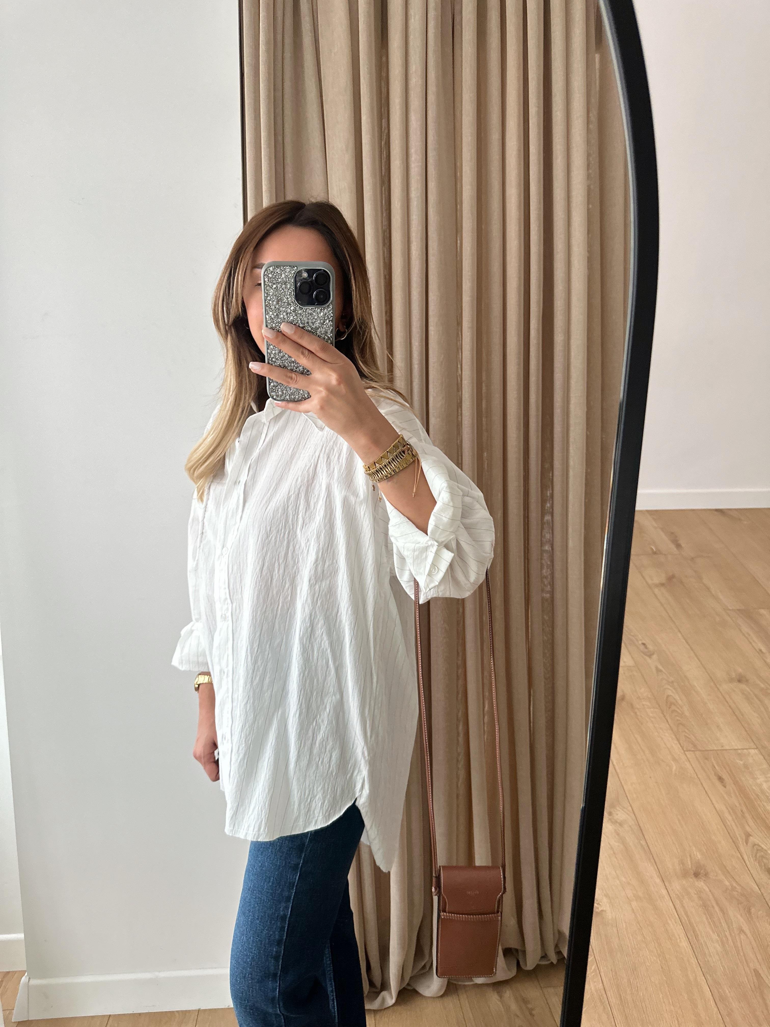GRİ İNCE ÇİZGİLİ OVERSIZE POPLİN GÖMLEK 