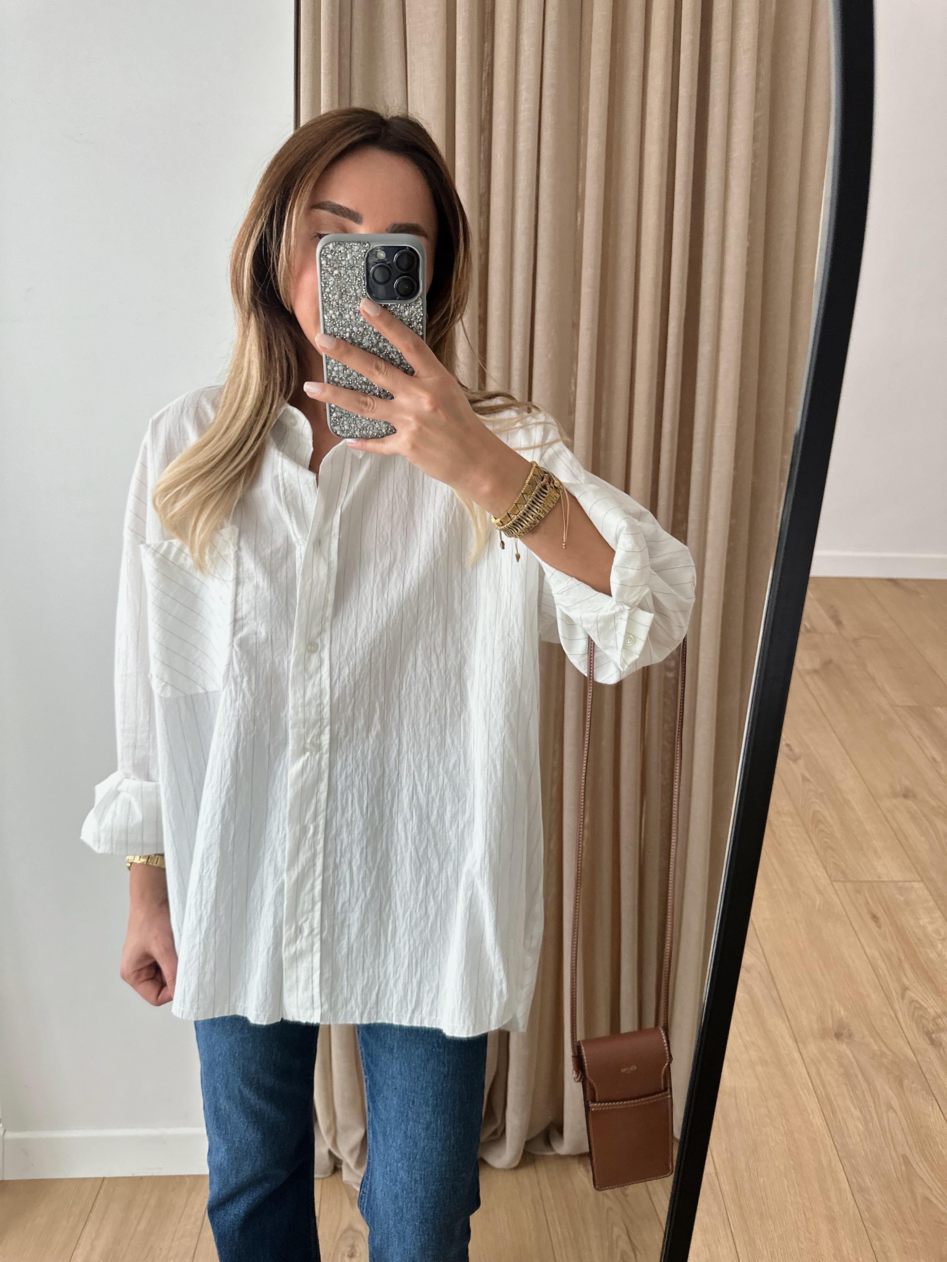GRİ İNCE ÇİZGİLİ OVERSIZE POPLİN GÖMLEK 