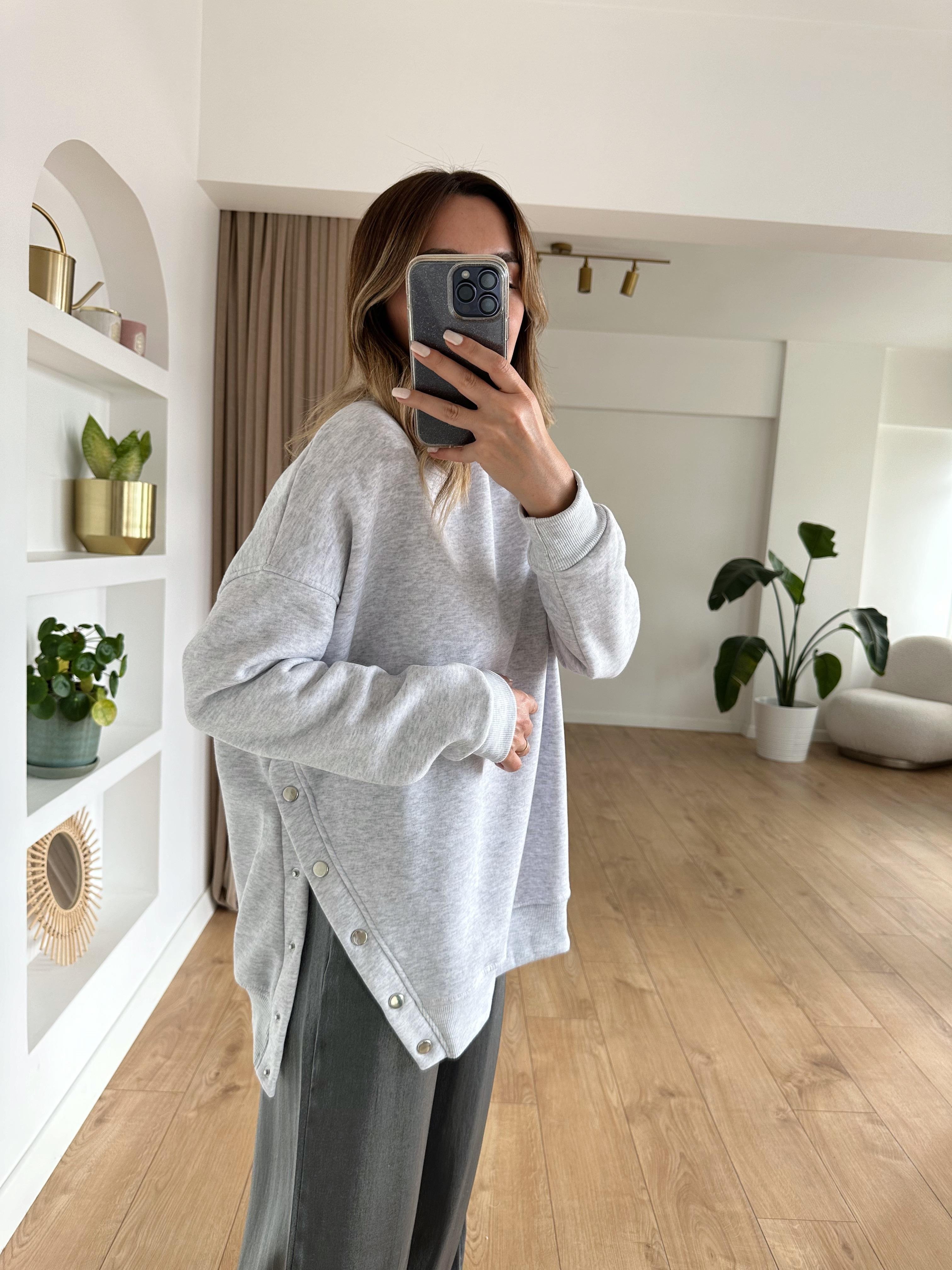 GRİ OVERSIZE ÇITÇITLI KALIN SWEAT