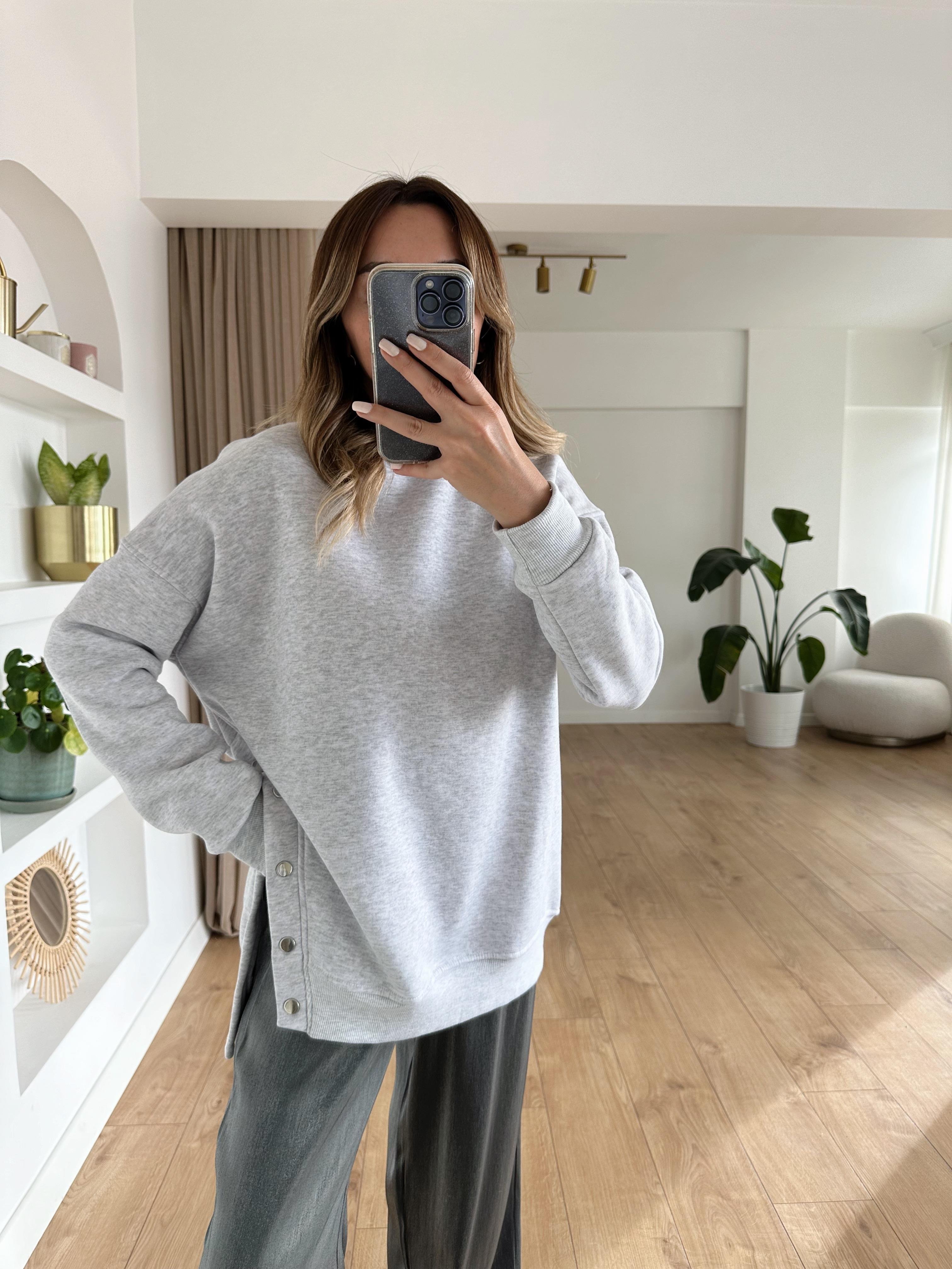 GRİ OVERSIZE ÇITÇITLI KALIN SWEAT